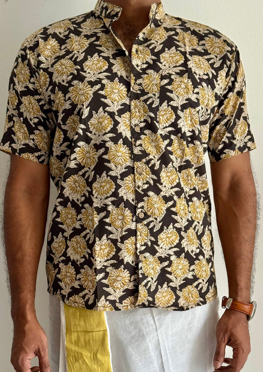 Black & Yellow Floral Block Printed Cotton Men's Half Sleeve Mandarin Collar Kurta Shirt - YCMSEIE190