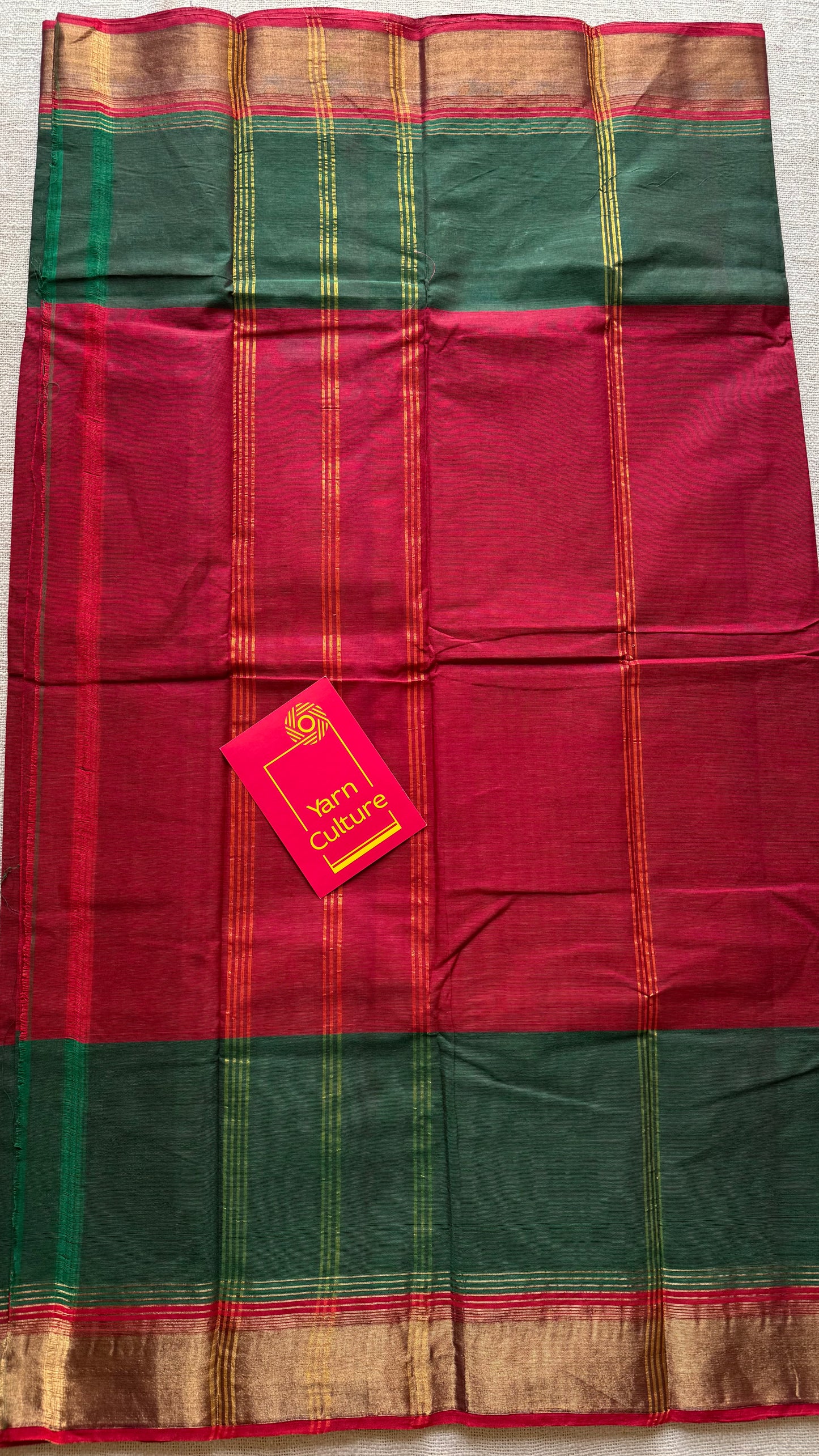 Maroon and green Chettinad cotton saree with antique gold zari border - YCCOTNCCFE152