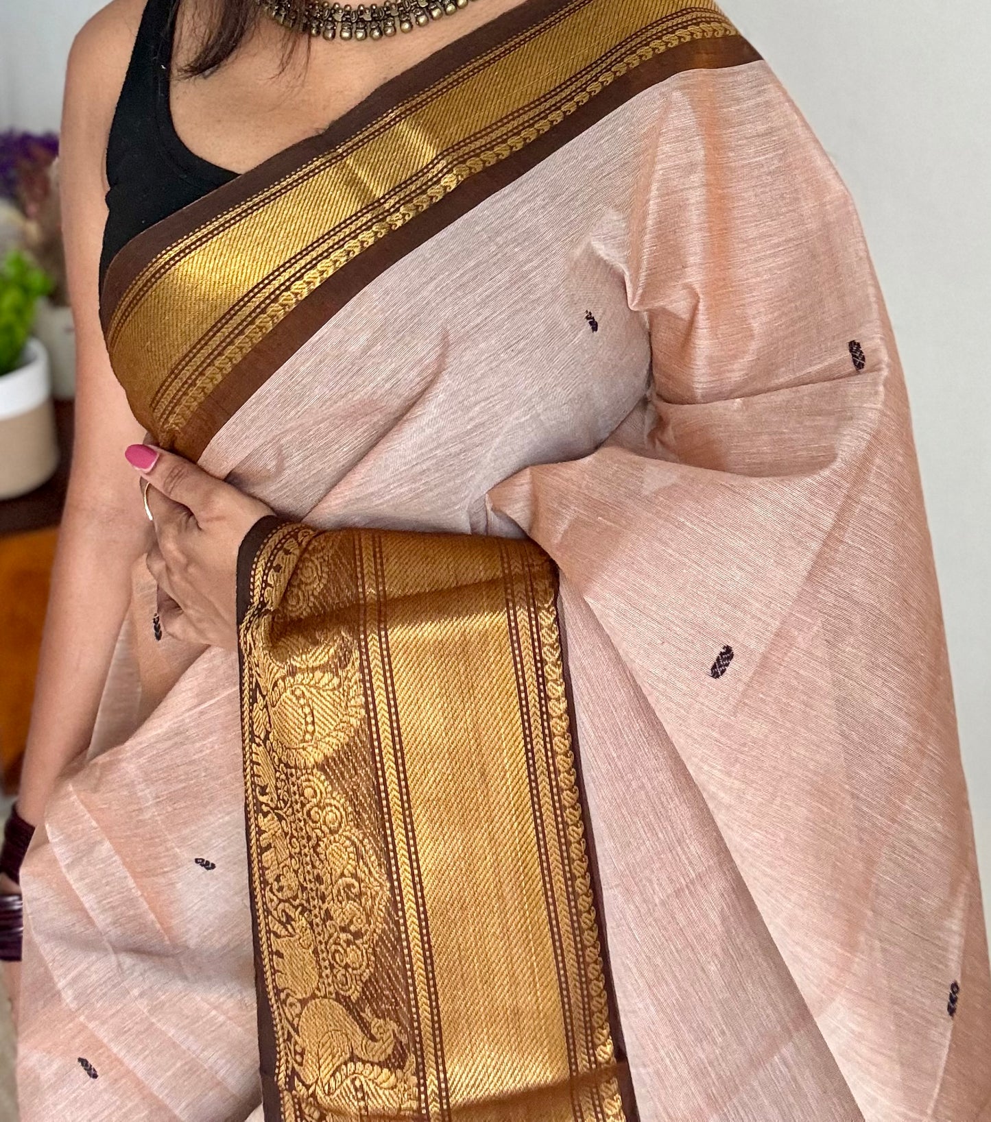 Kanchi cotton saree,dark beige with brown gold zari border - YCCOTNAP82