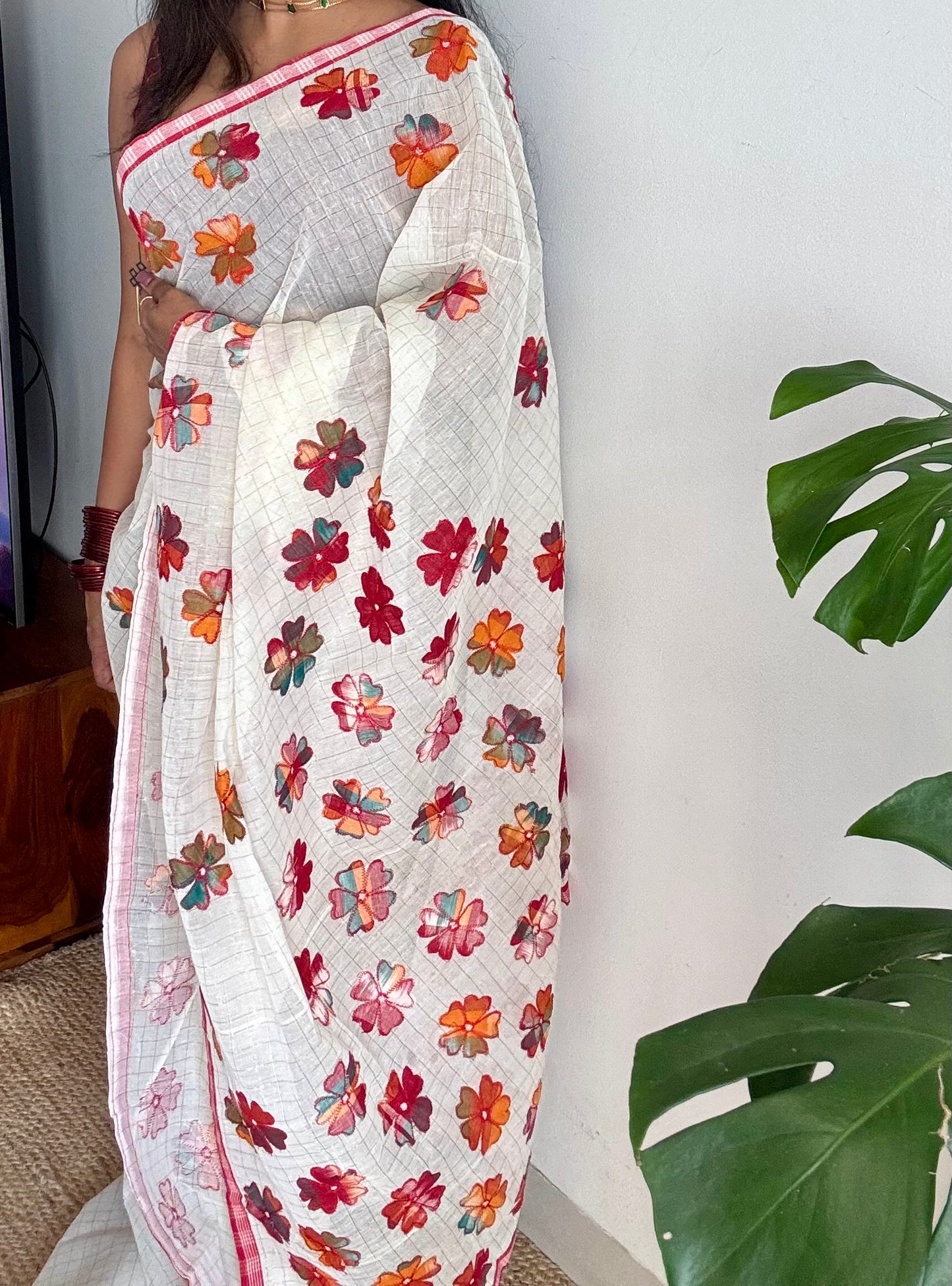 Ivory soft kota saree, with applique floral work - YCIEON88