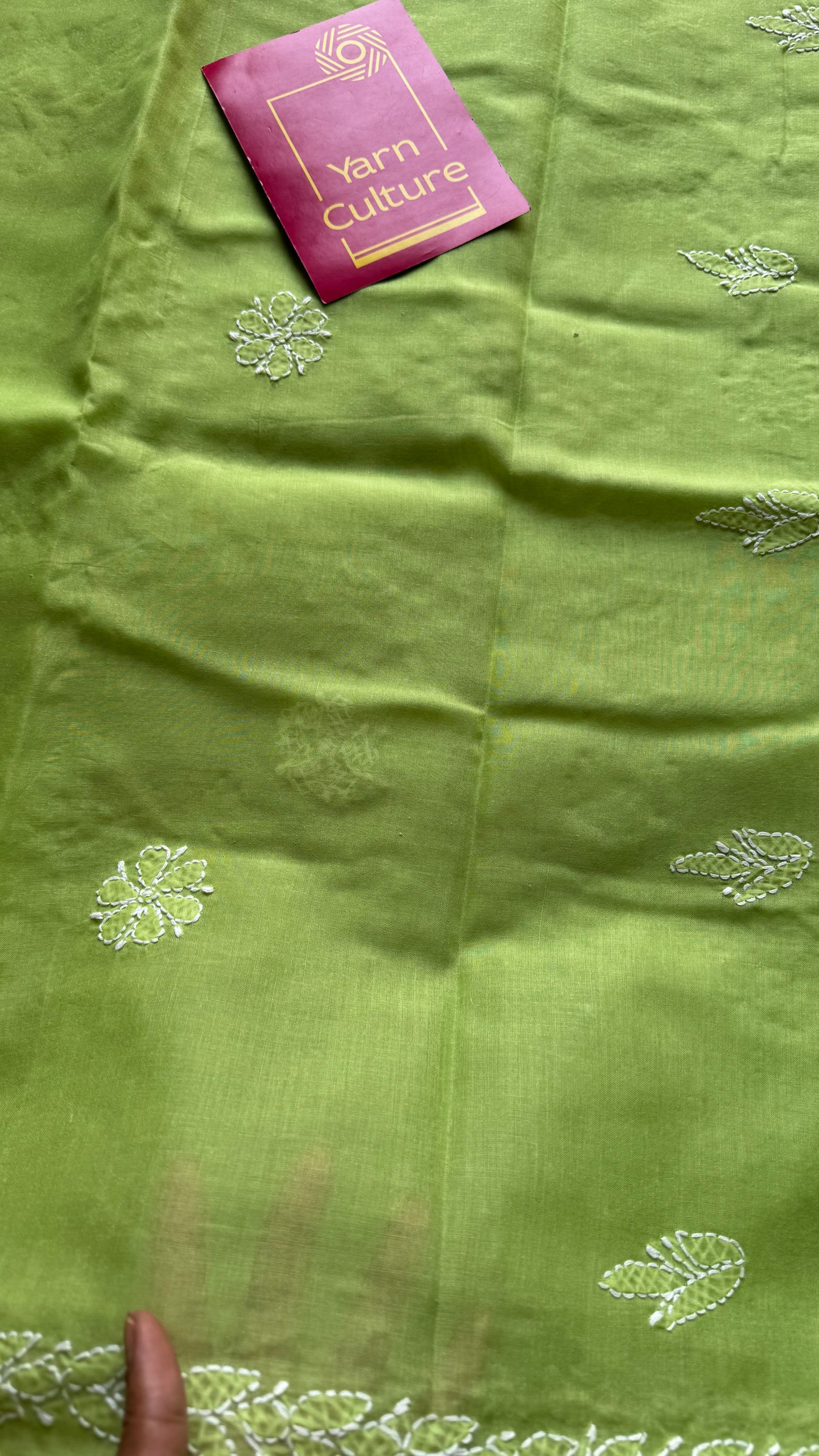 Saanjh - pista green hand-embroidered chikankari cotton saree - YCLCKFE415