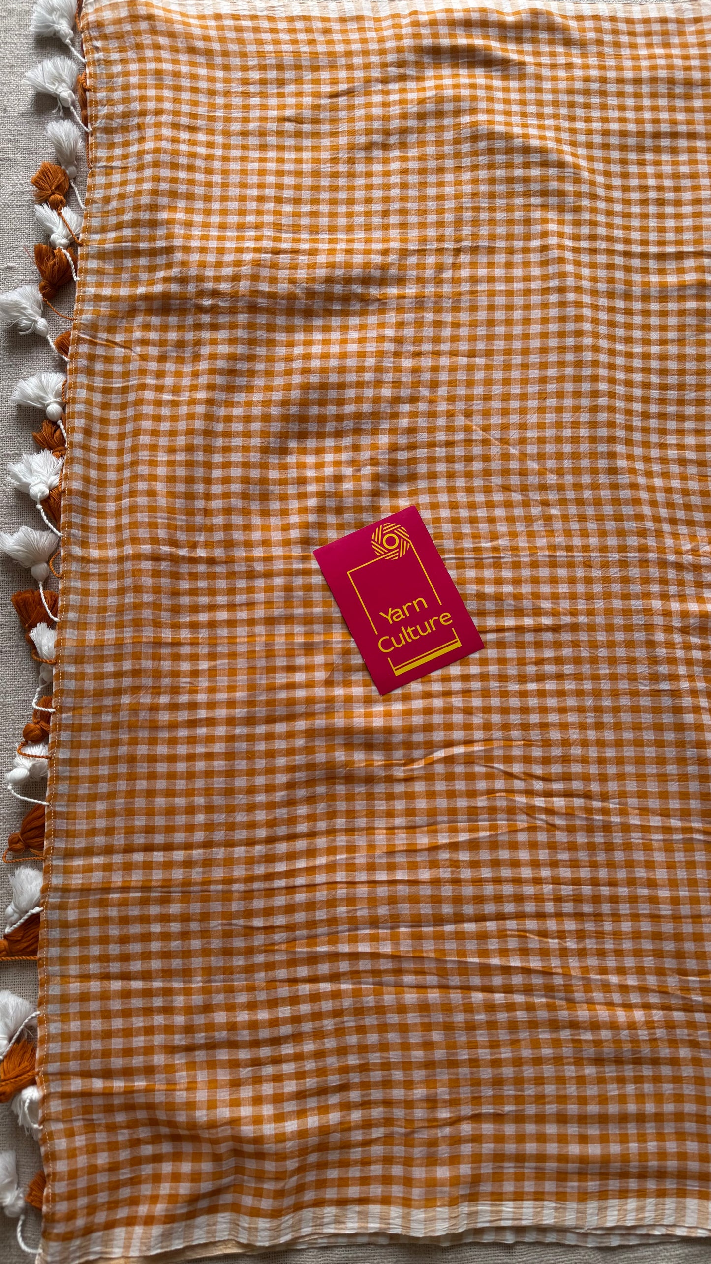 Light orange and white checkered mul cotton saree  - YCBCMCCMA26
