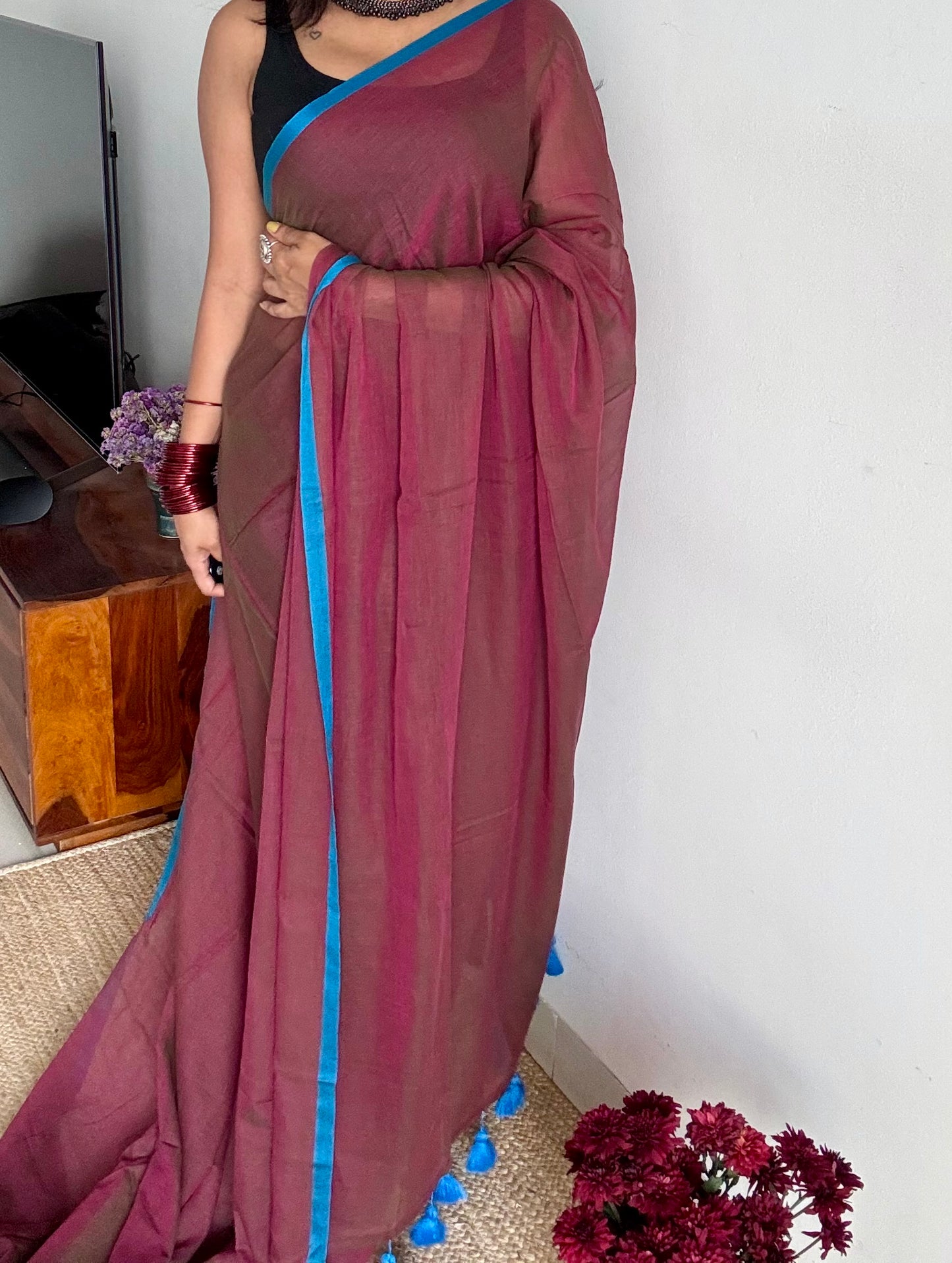 Terracotta brown with pink double shade and a persian blue border mul cotton saree - YCBCMCFE230