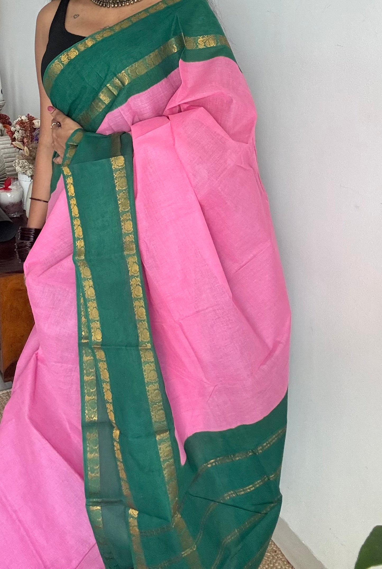 Pink with bluish green rettaipettu peacock double border, madurai soft cotton - YCCOTNMSAP203