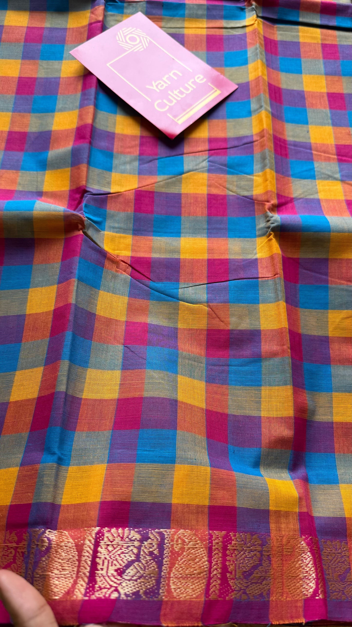 Multicolour Chettinad cotton saree with Paalum Pazhamum checks (pink, blue, orange, yellow)- YCCOTNJUCC01