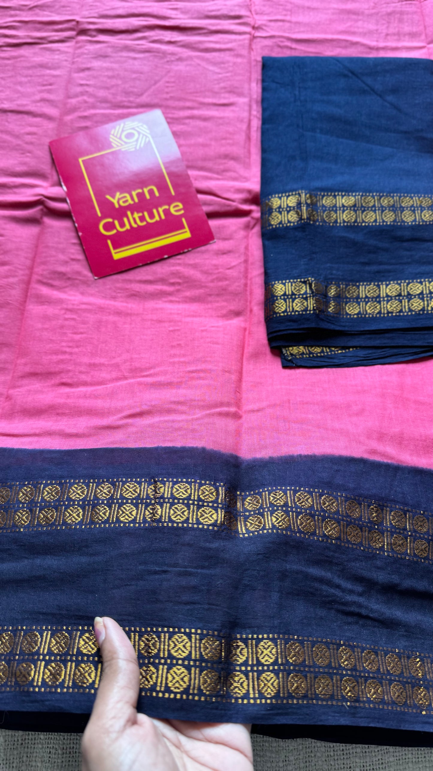 Pink with dark blue, small rudraksham motif border, soft cotton - YCCOTNJSUN08