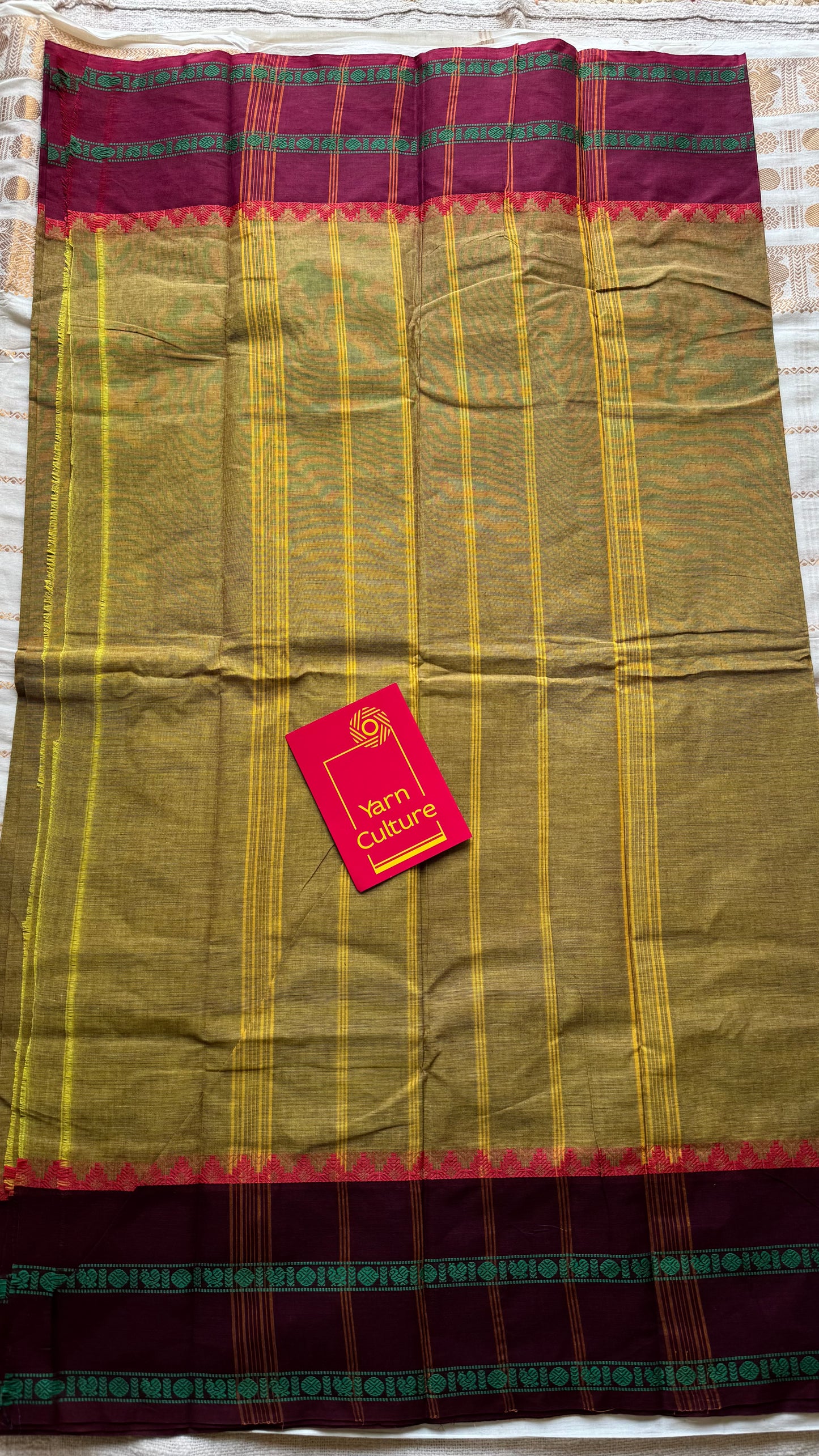 Chettinad cotton saree in ginger green with wine and maroon thread borders - YCCOTNJUCC12