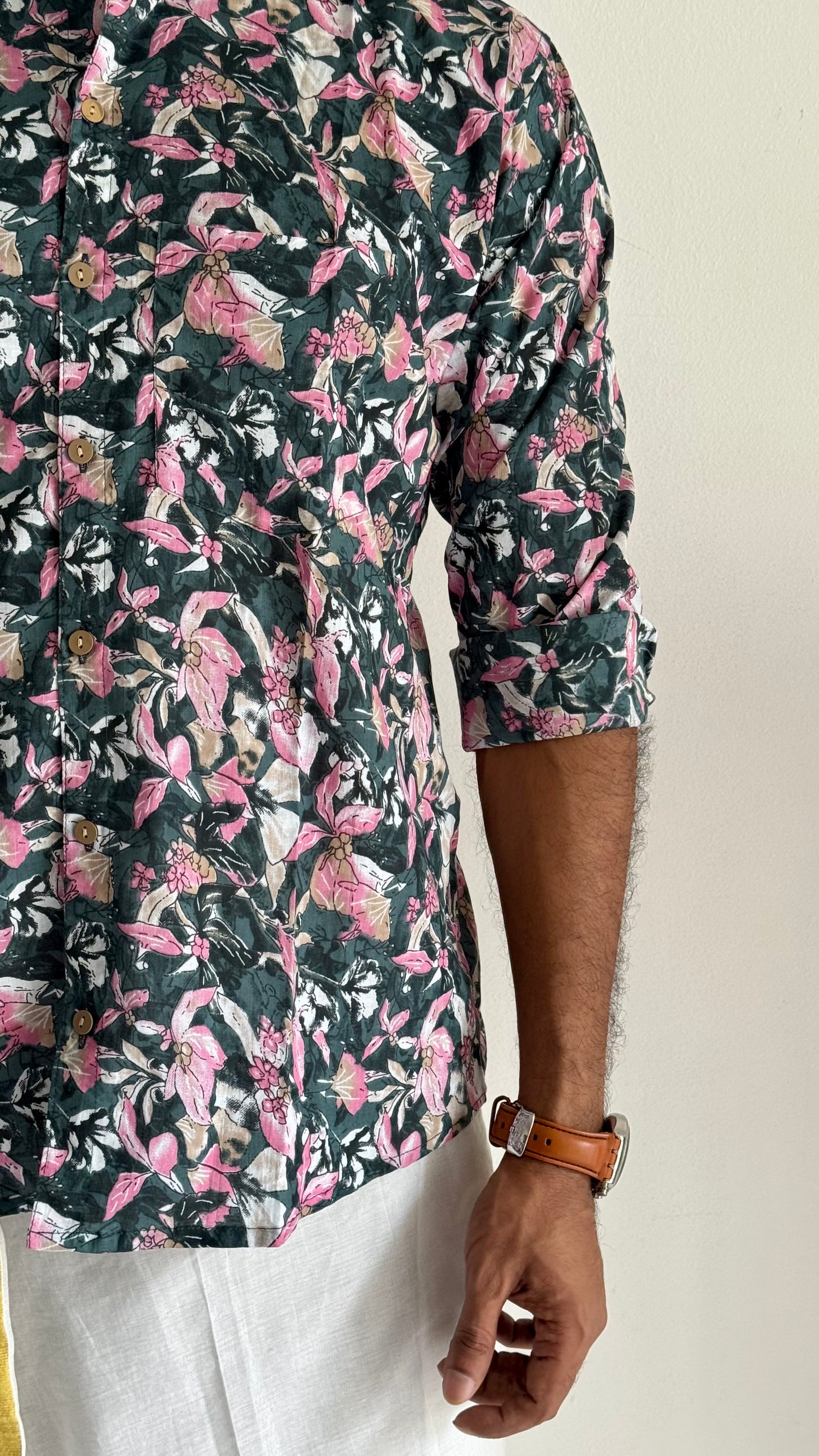 Green & Pink Floral Block Printed Cotton Men's Mandarin Collar Kurta Shirt - YCMSEIE194