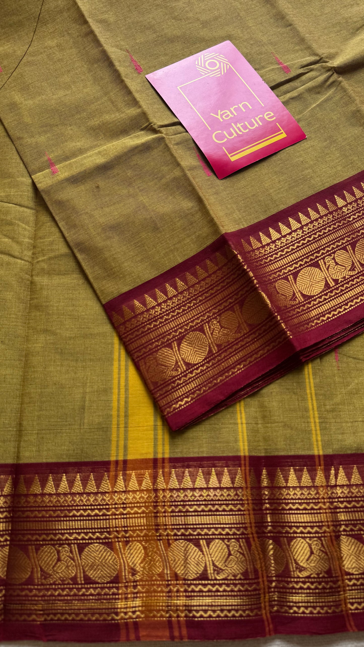 Kanchi cotton saree, parrot green with dark red zari border - YCCOTNAP83