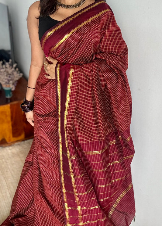 Maroonish brown, arani checks, cotton silk - YCCOTNOCAR07