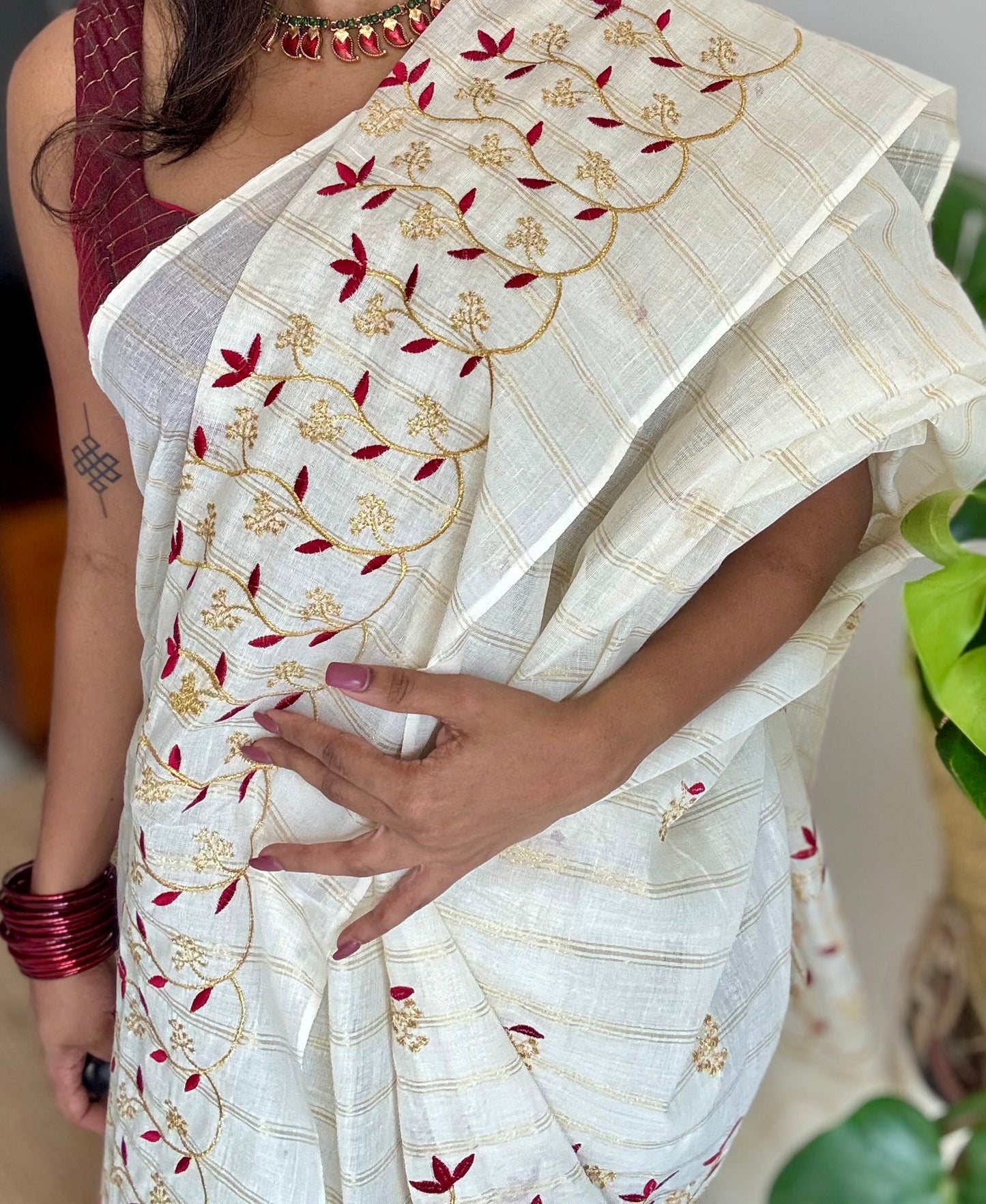 Ivory and gold soft cotton saree, maroon floral vine embroidery  - YCIEON58