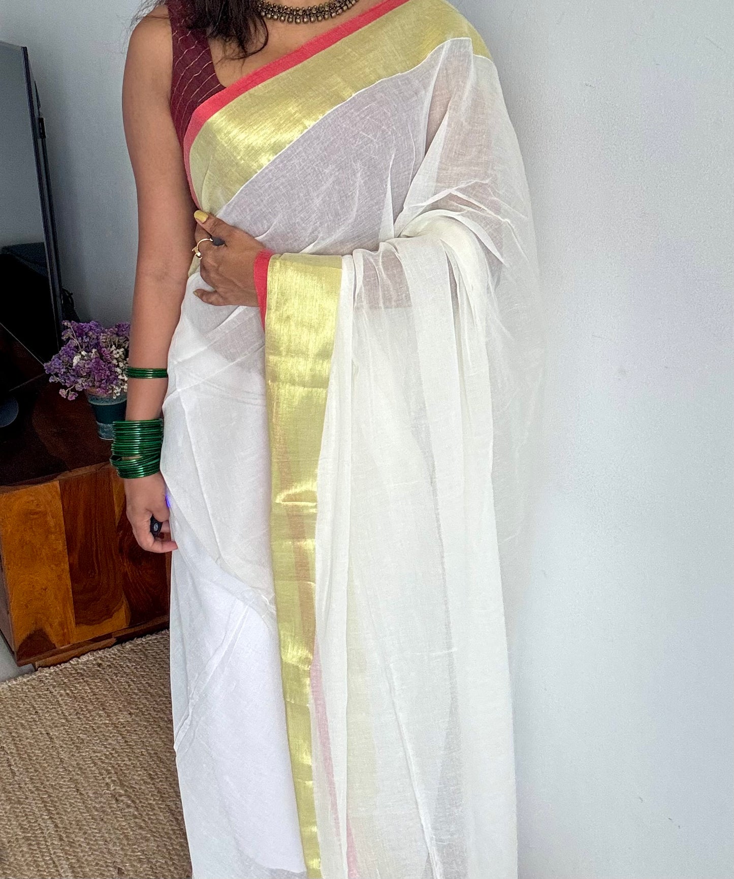 Ivory mul saree with red gold zari border  - YCBCMCFE291