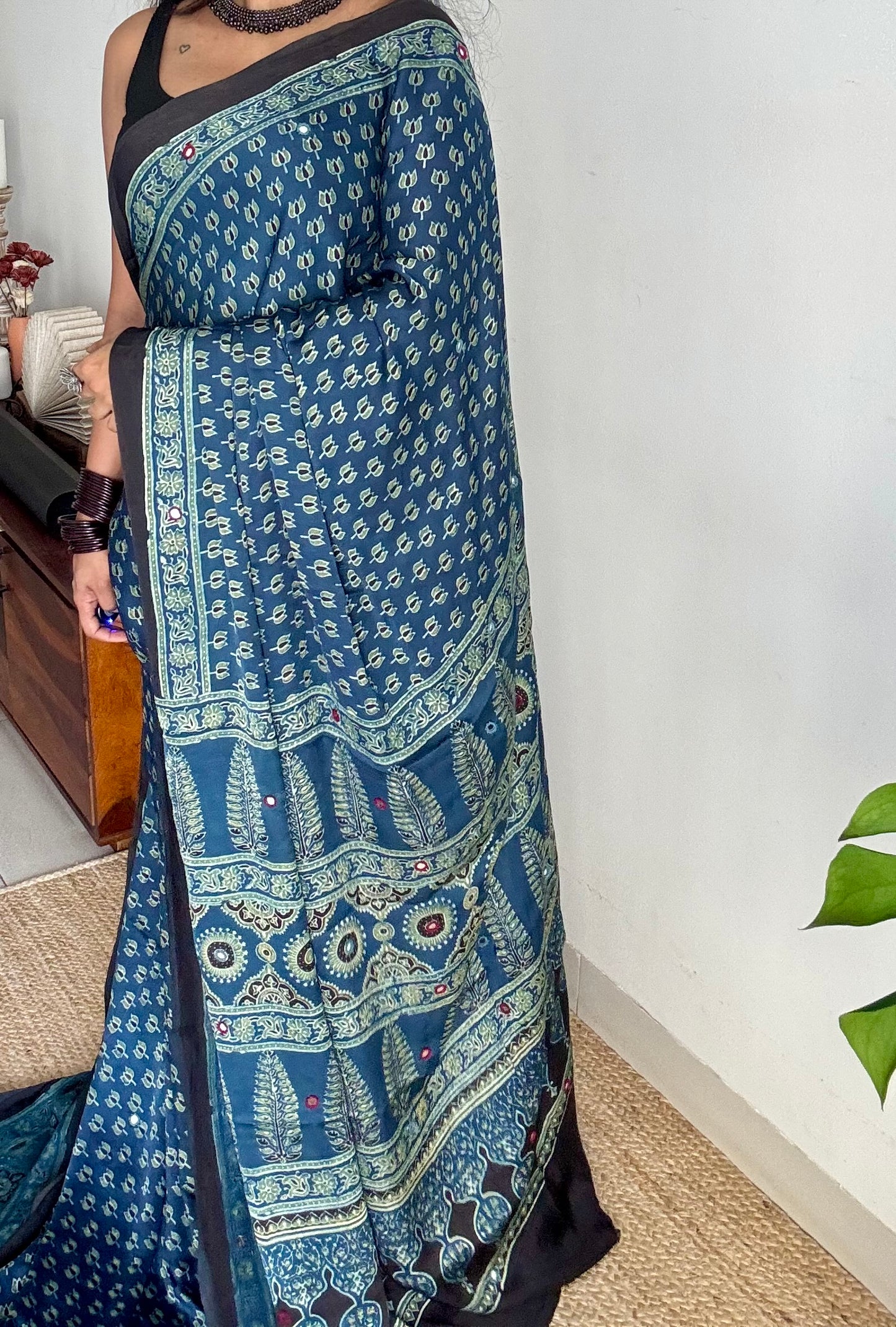 Indigo pure modal silk saree with ajrakh handblock print and mirror work - YCTOKAJM339