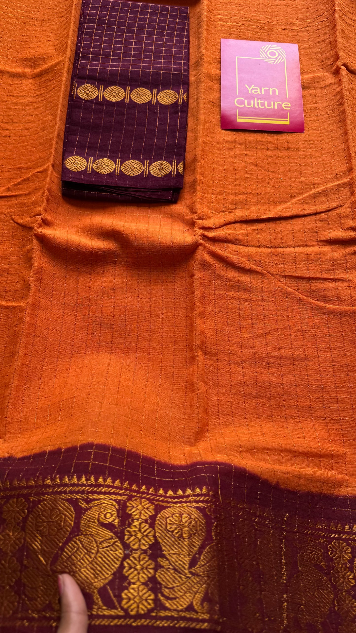 Orange with maroon contrast zari checkered sungudi, kattuchayam dyed madurai cotton - YCCOTNMSAP161