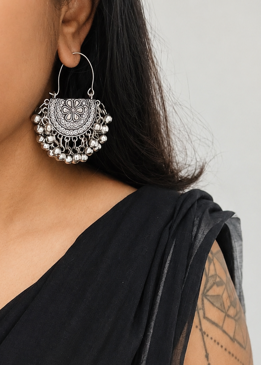 Oxidised silver, gungroo dangler earring - YCOSED701