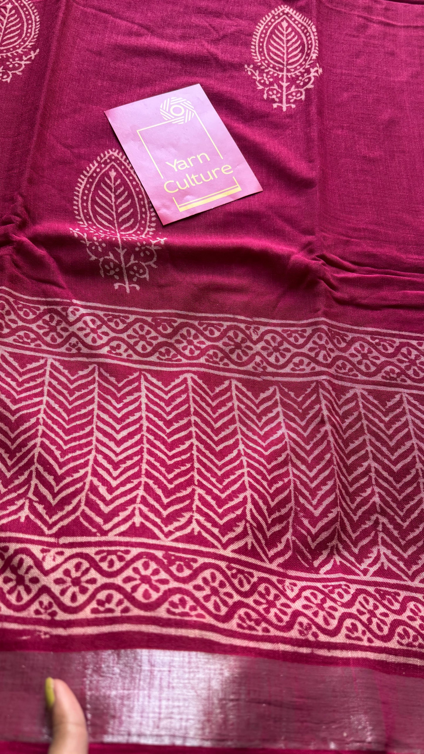 Cranberry red linen, white motif, silver zari border - YCTOROCBP60