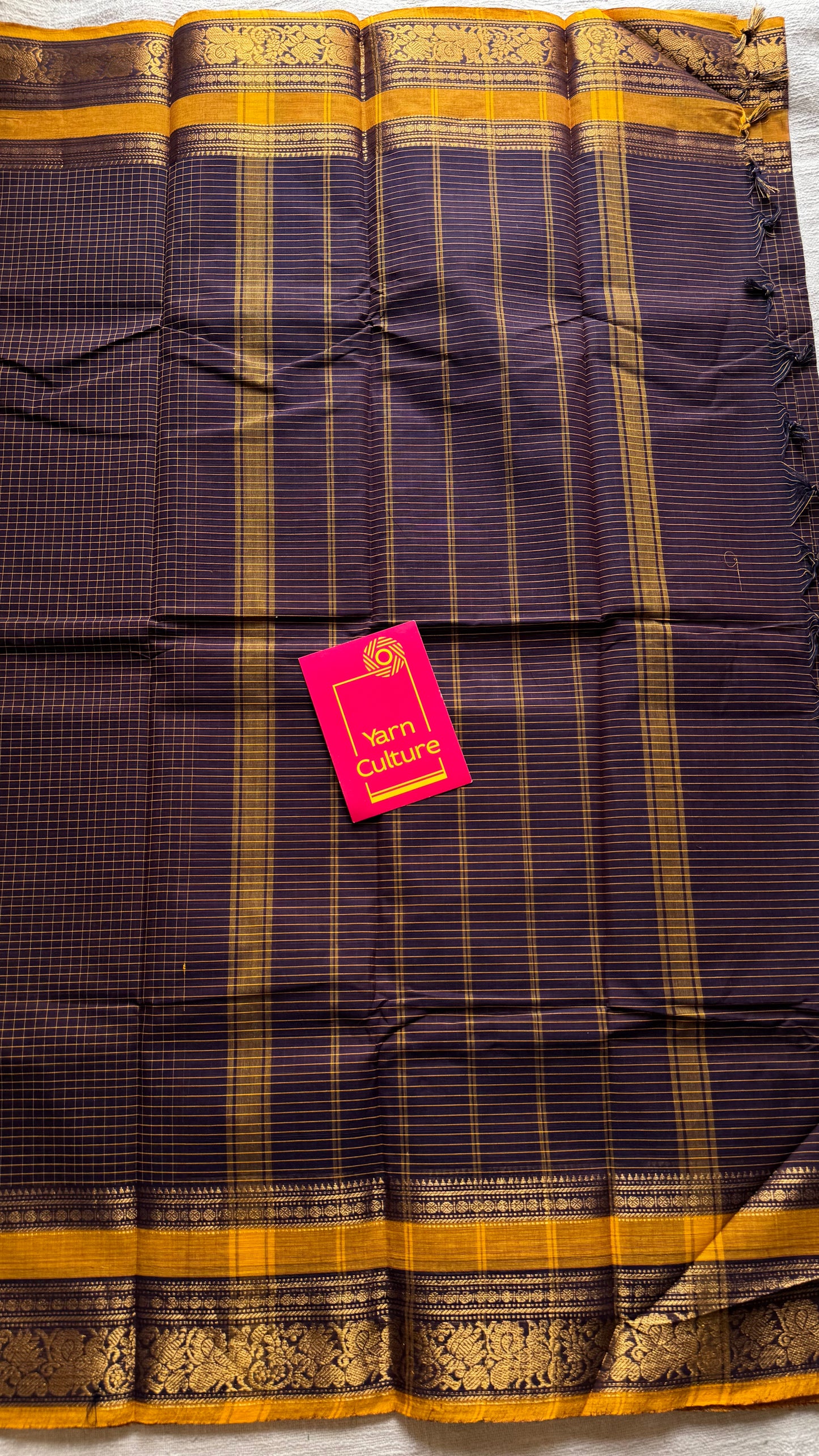 Kanchi cotton saree, dark brown checks with korvai border - YCCOTNAP73