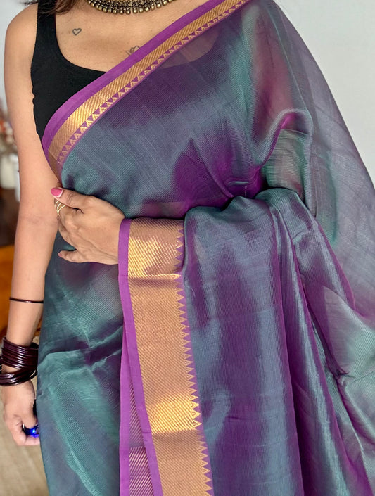 Plain teal purple dual tone with gold zari border, mangalgiri silk cotton, handwoven, soft, light weight - YCWOTDMSAP225