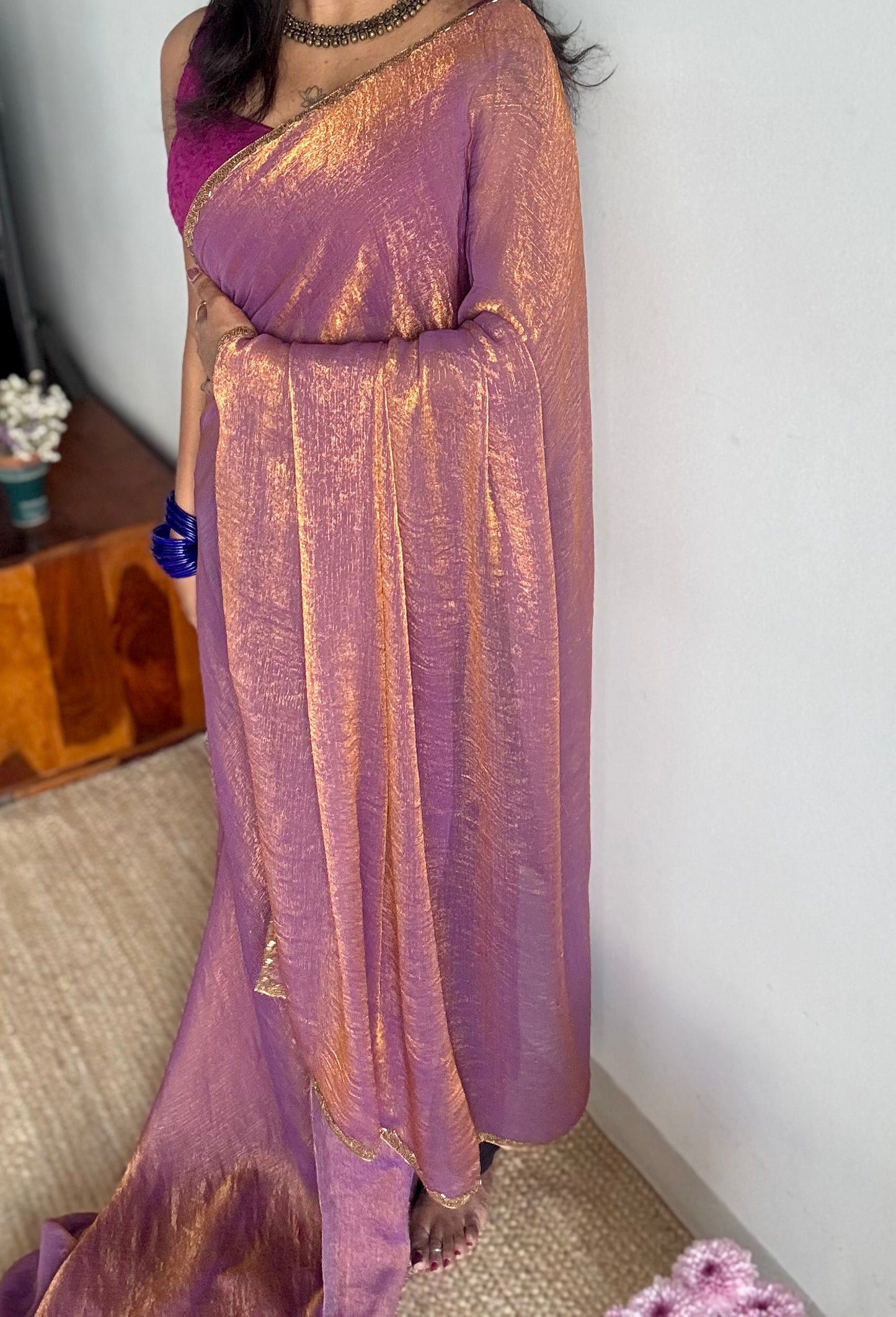 Purple Potion - purple pink and gold hues, metallic dual tone space silk, embellished border - YCDOSNO43