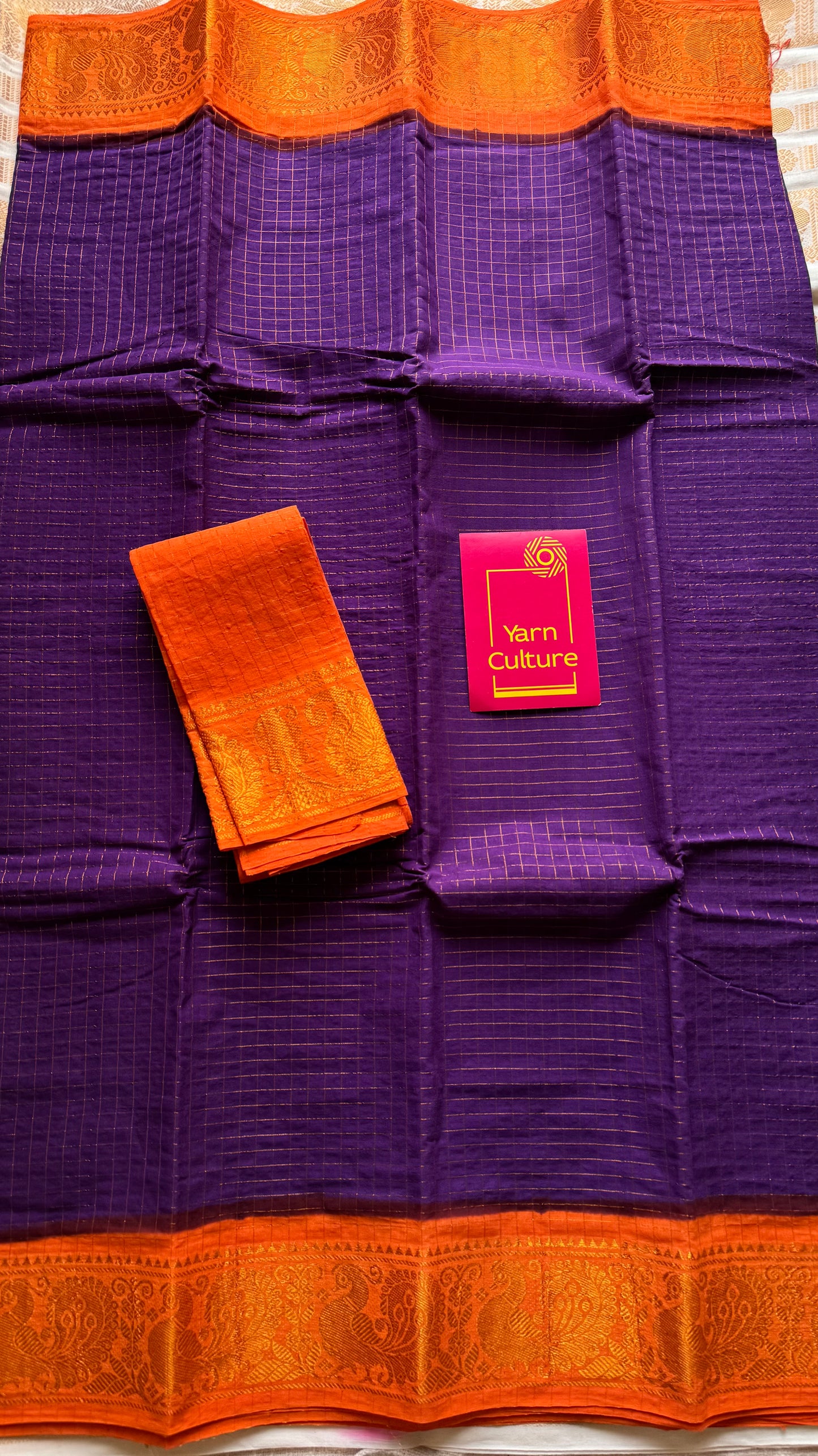 Purple with orange contrast zari checkered sungudi, kattuchayam dyed madurai cotton - YCCOTNMSAP195