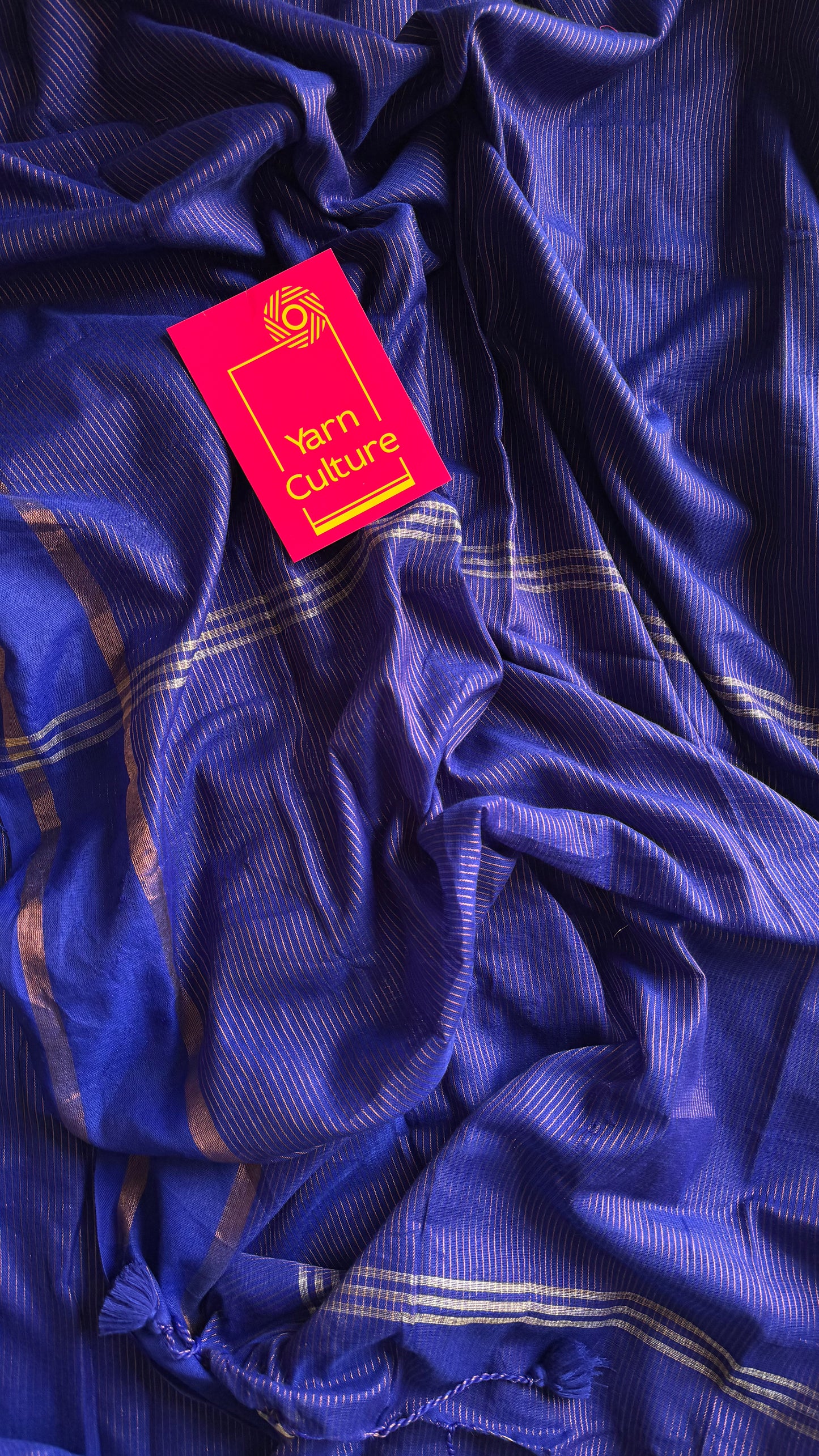 Royal blue, gap border, gold zari stripes, soft cotton - YCBCKCZDE120