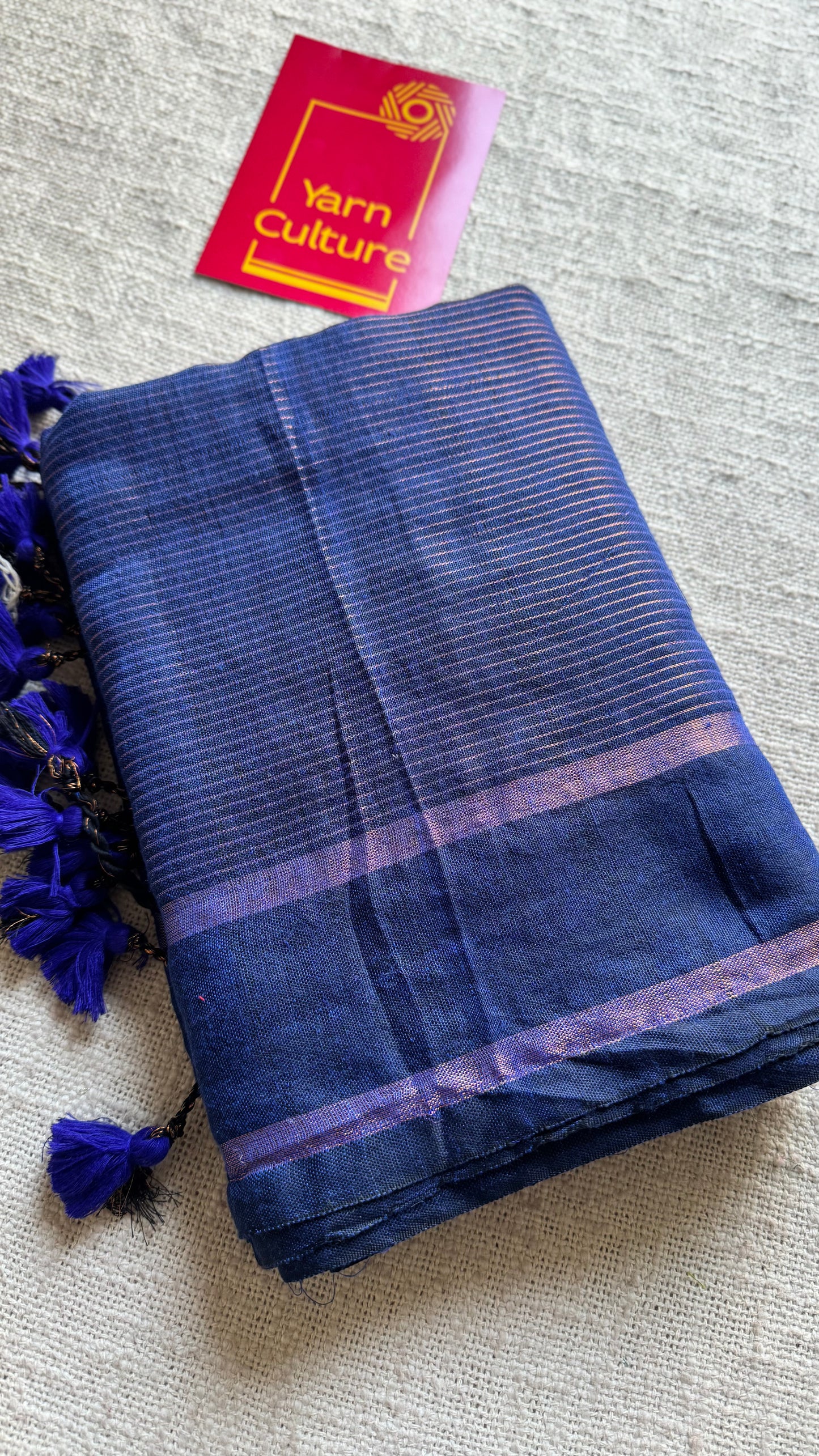 Dark indigo blue, gap border, antique gold zari stripes, soft cotton - YCBCKCZDE122