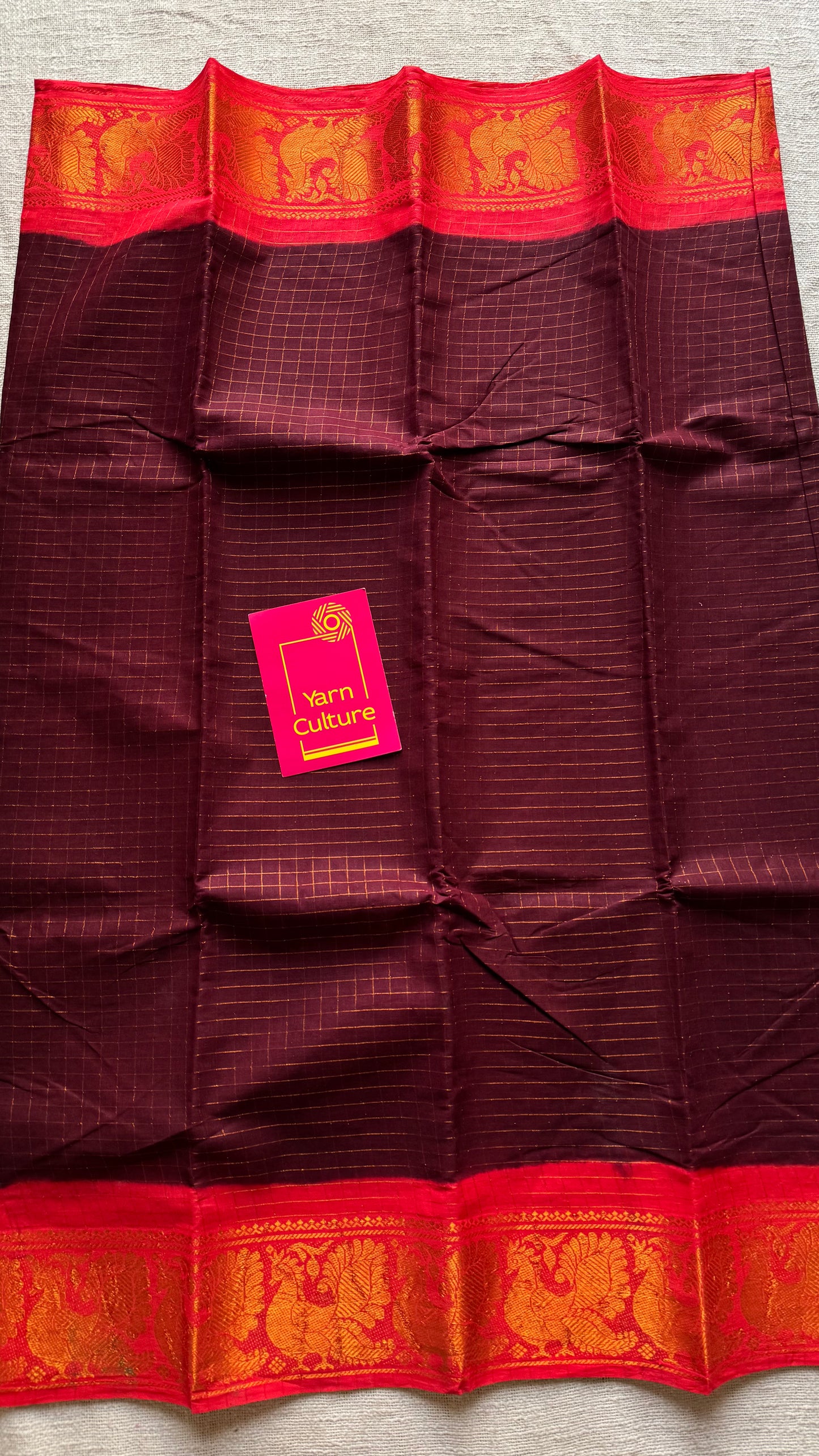 Maroon with chilli red contrast, zari checkered sungudi, kattuchayam dyed madurai cotton - YCCOTNMSFE334