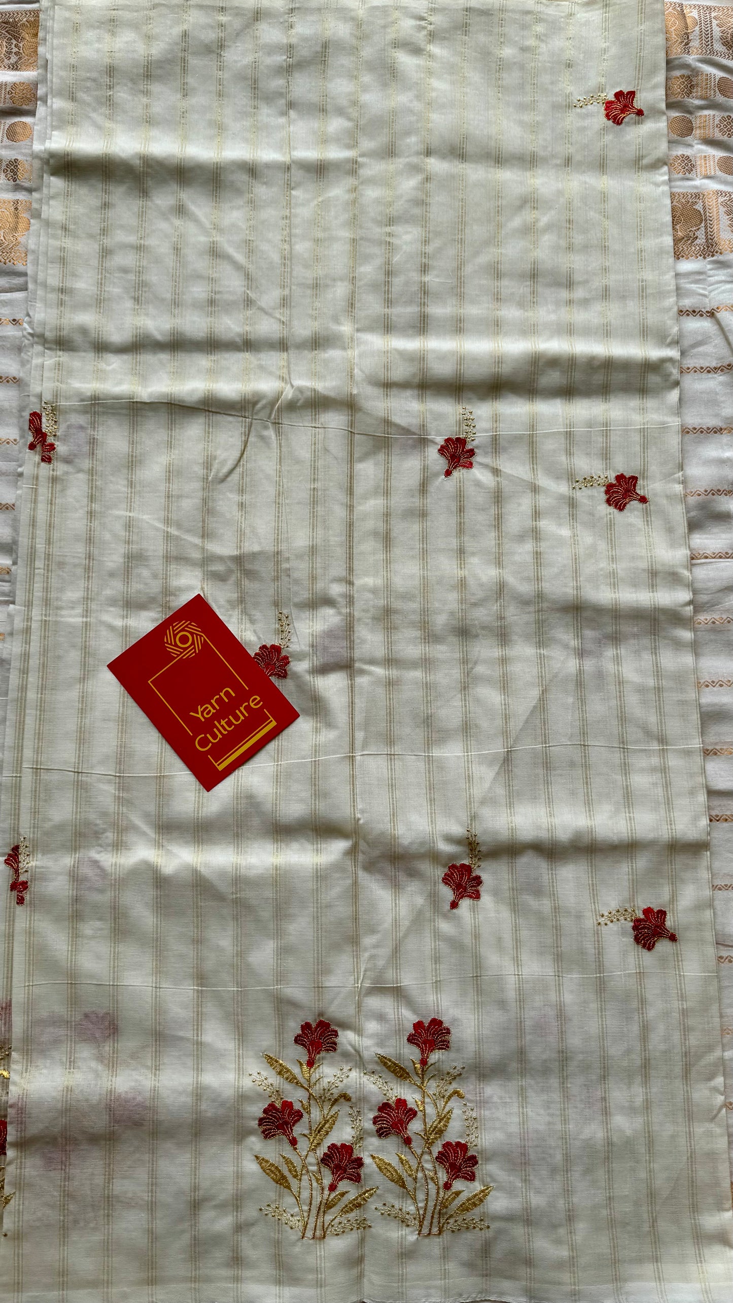 Ivory and gold soft cotton saree, red floral embroidery  - YCIEON52