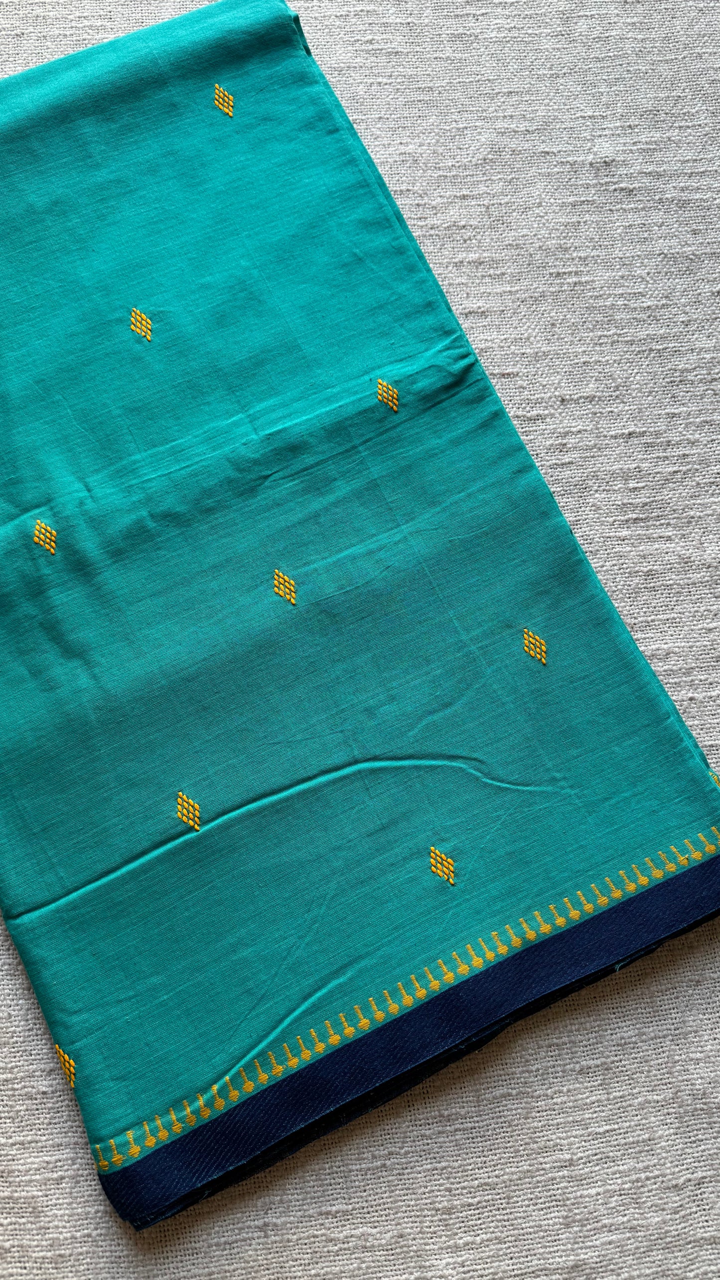 Dhonekhali handloom soft cotton saree, aqua blue with dark blue border and yellow woven buttas - YCBCDFE250