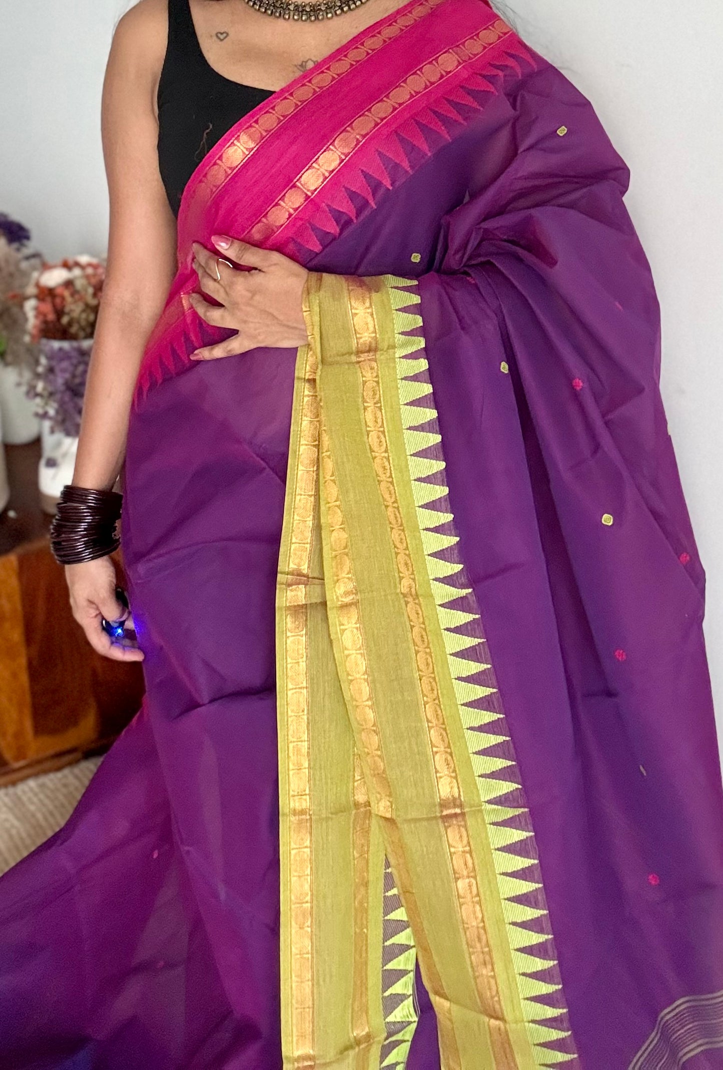 Kanchi cotton saree, purple with hot pink and lime green dual border - YCCOTNAP98