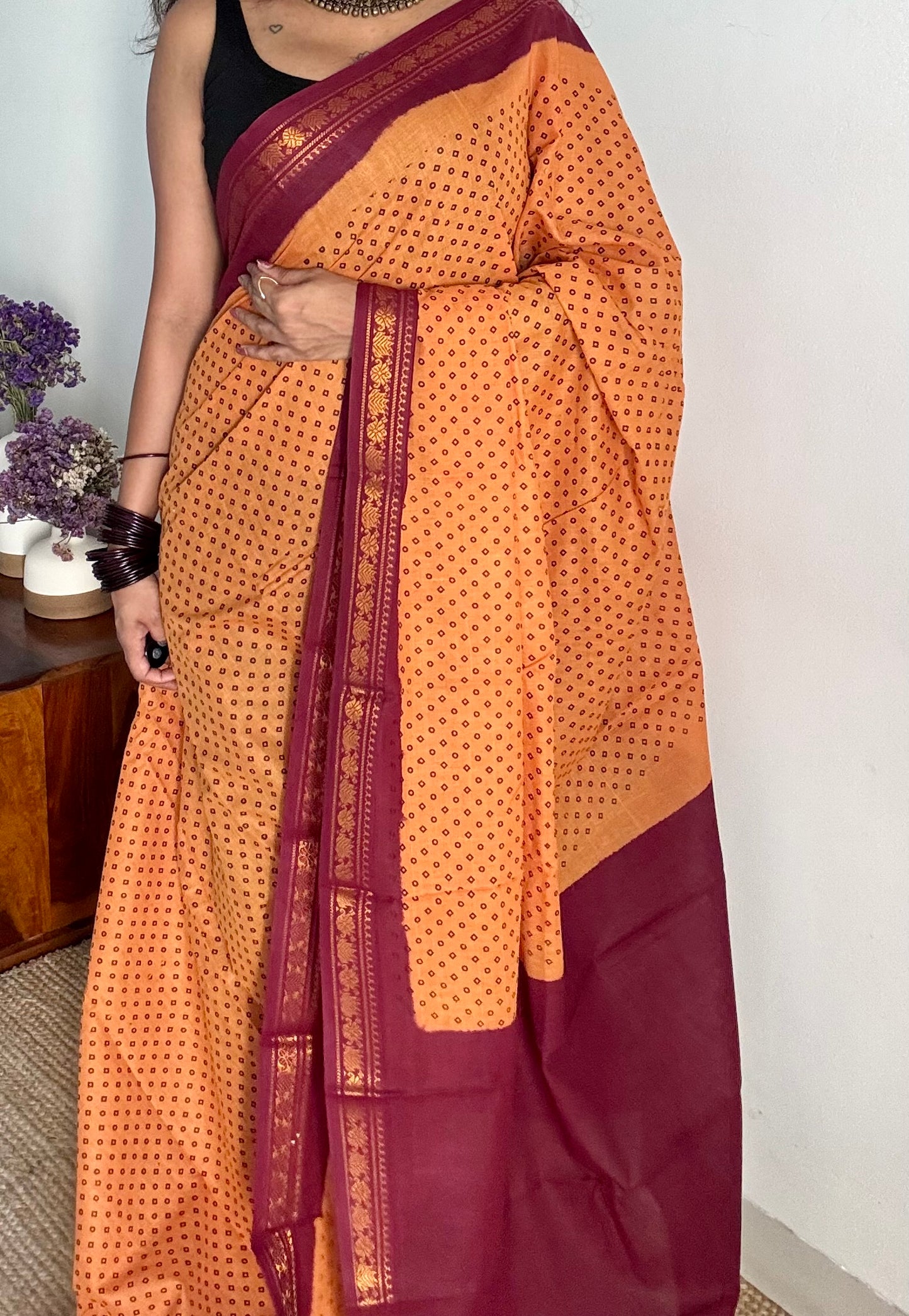 Light orange with maroon contrast, kattuchayam dyed madurai cotton saree - YCCOTNMA249