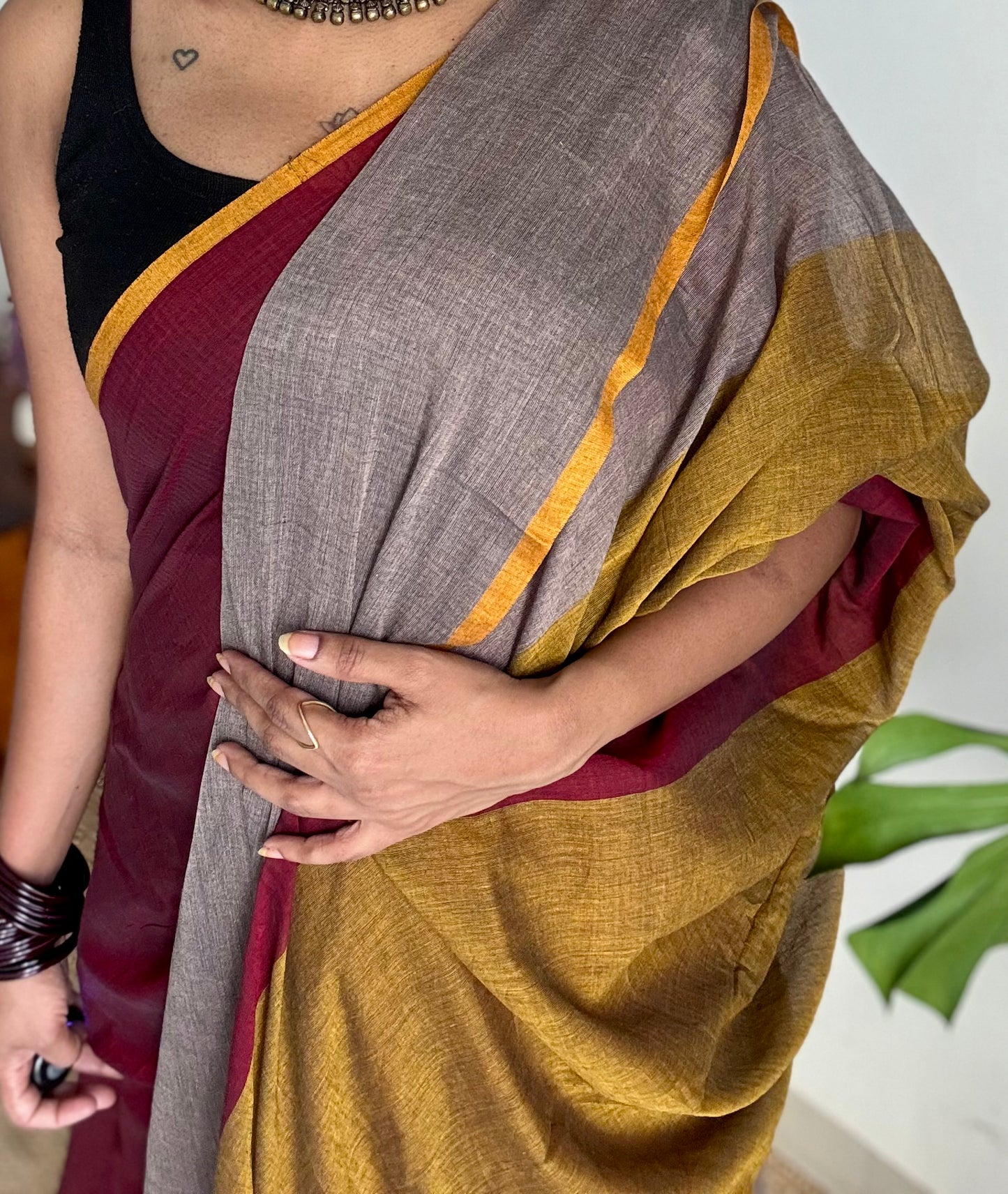 Maroon brown and grey saree, mul cotton - YCBCMA320