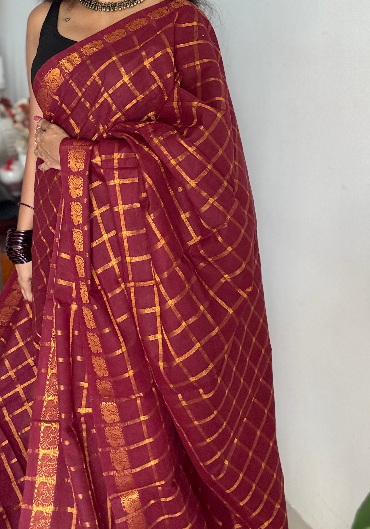 Maroon pavithra kattam kattuchayam dyed madurai cotton saree - YCCOTNMSAP207