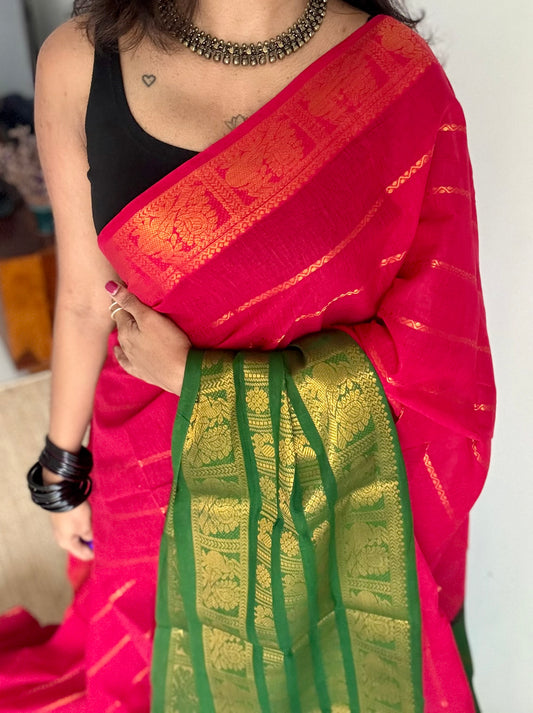 Reddish pink with green, peacock rudraksham motif, single side broad zari - madurai kattuchayam dyed -YCCOTNAURS19
