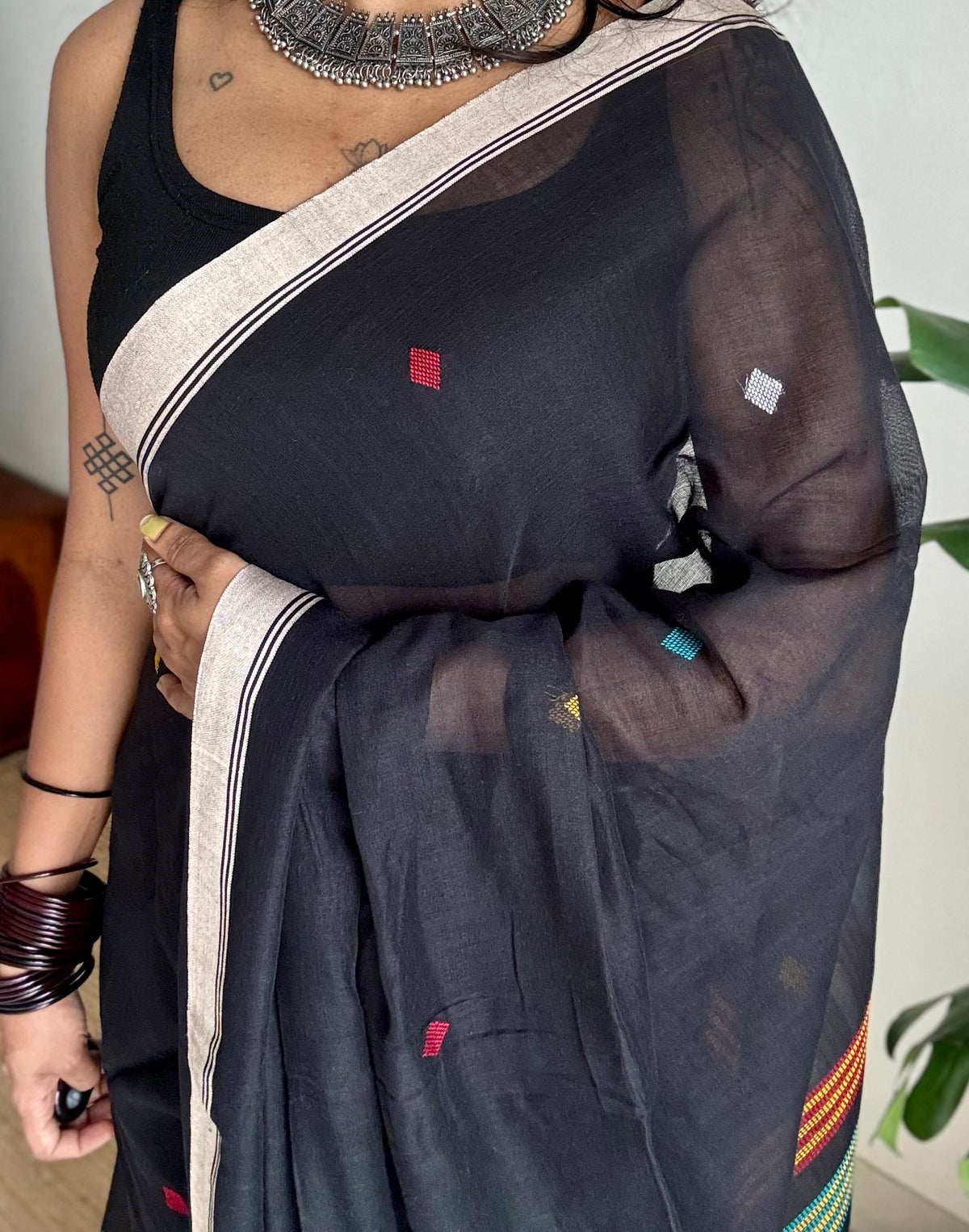 Handloom Bengal soft cotton saree, black with woven buttas and beige borders - YCBCMCSE37