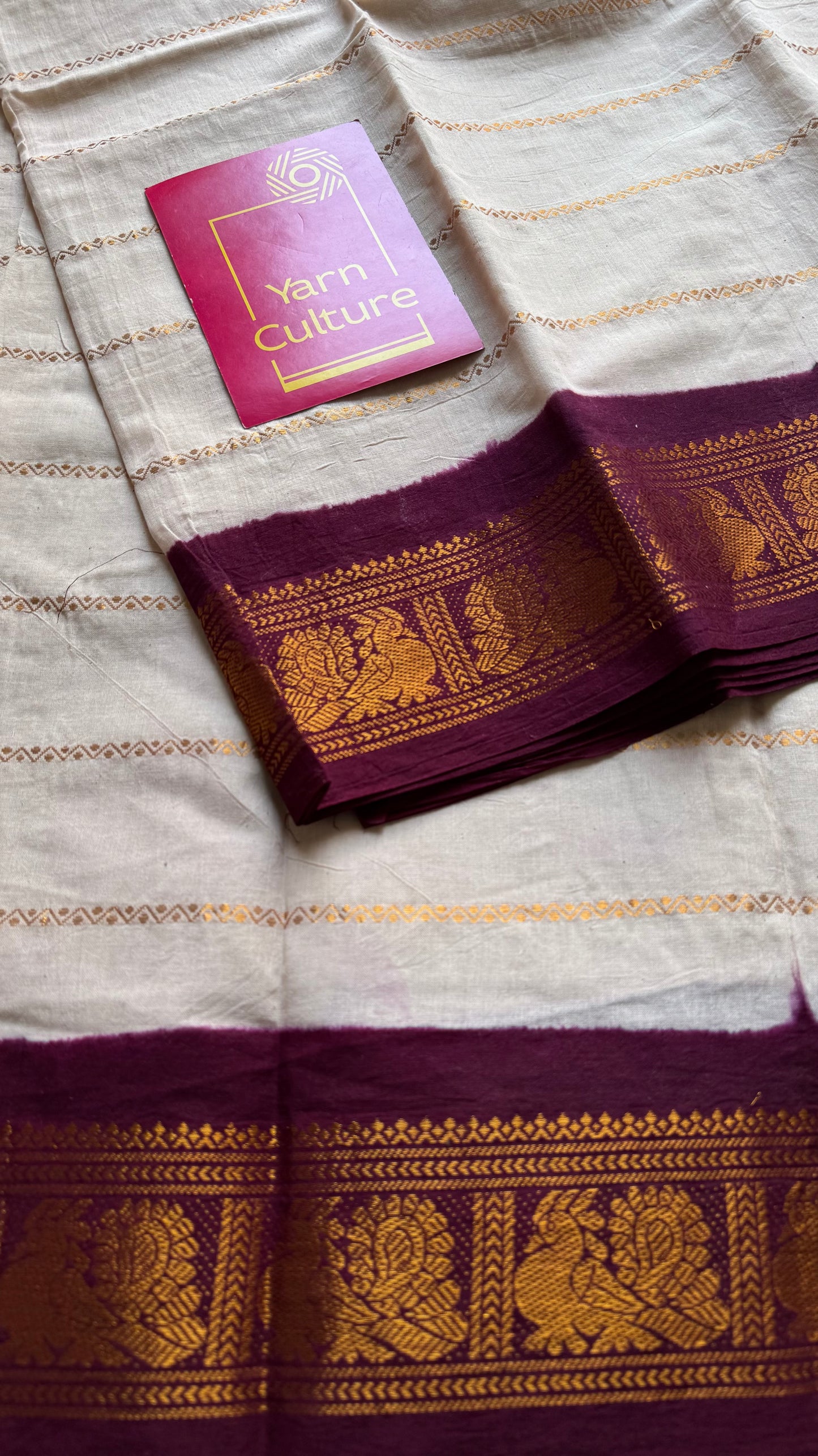 Cream velthaari patterned kattuchayam dyed madurai cotton saree with maroon peacock border - YCCOTNMSFE276