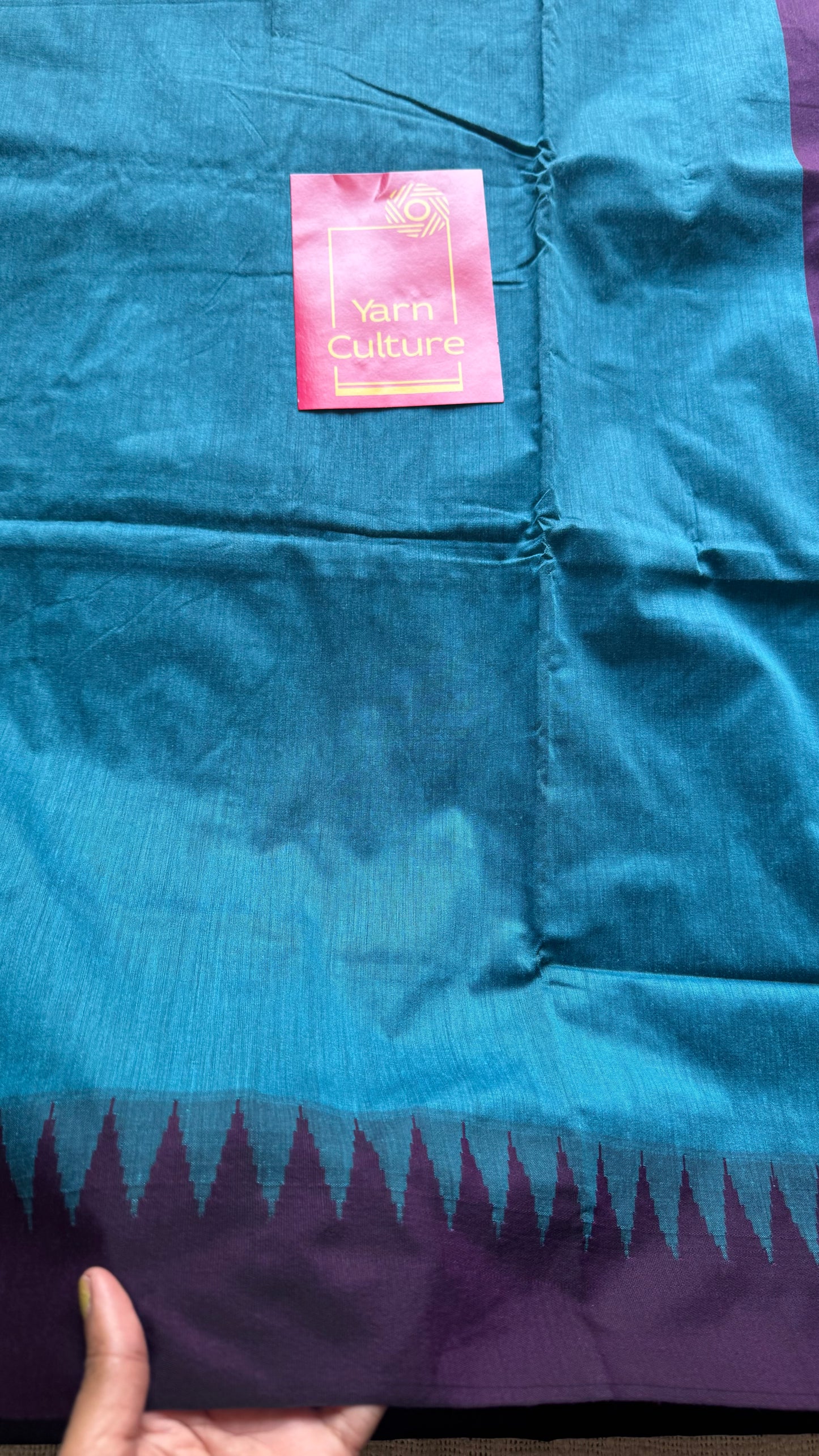 Blue with wine contrast, temple border saree, cotton silk - YCCOTNTBFE58