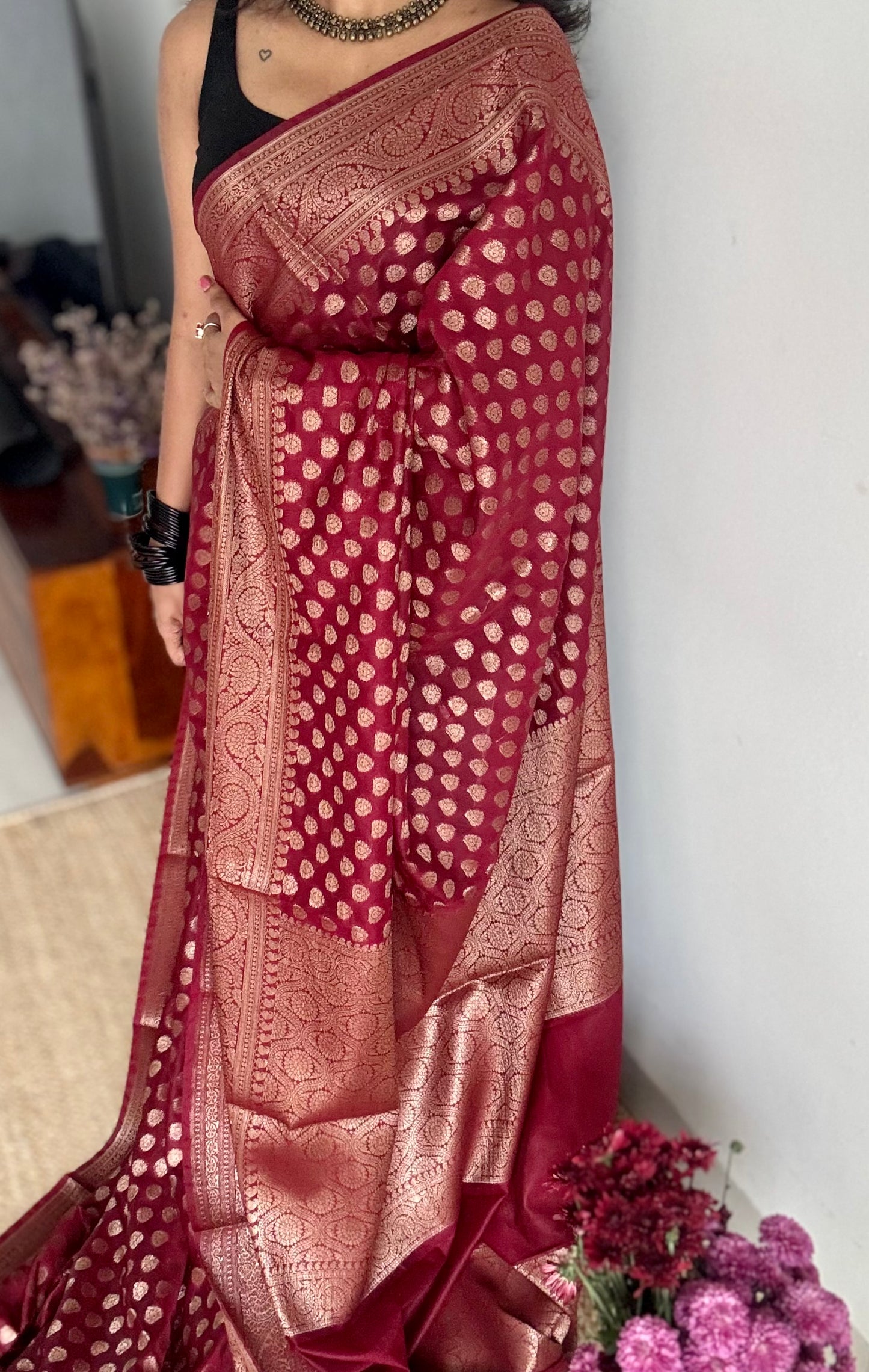 Ruby - Maroon with a slight hint of pink, antique gold zari, Banarasi semi georgette - YCBLFEGAGZ16