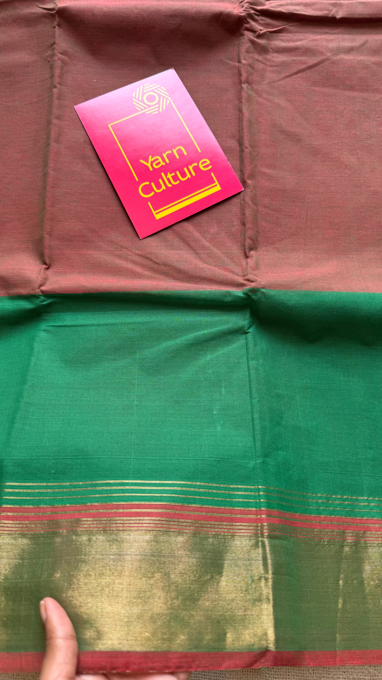 Light brown and green Chettinad cotton saree with antique gold zari border - YCCOTNCCFE155