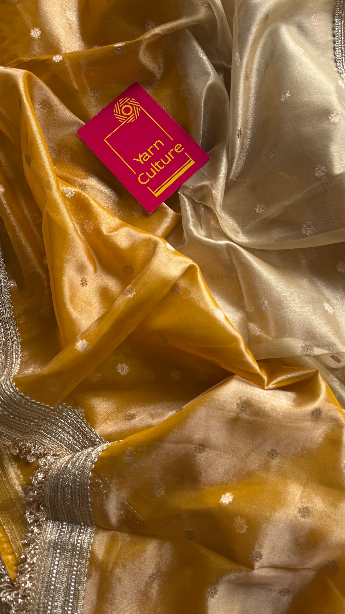 Light gold and dark gold Banarasi tissue saree, with buttas and embellished lace border - YCBLTOC65