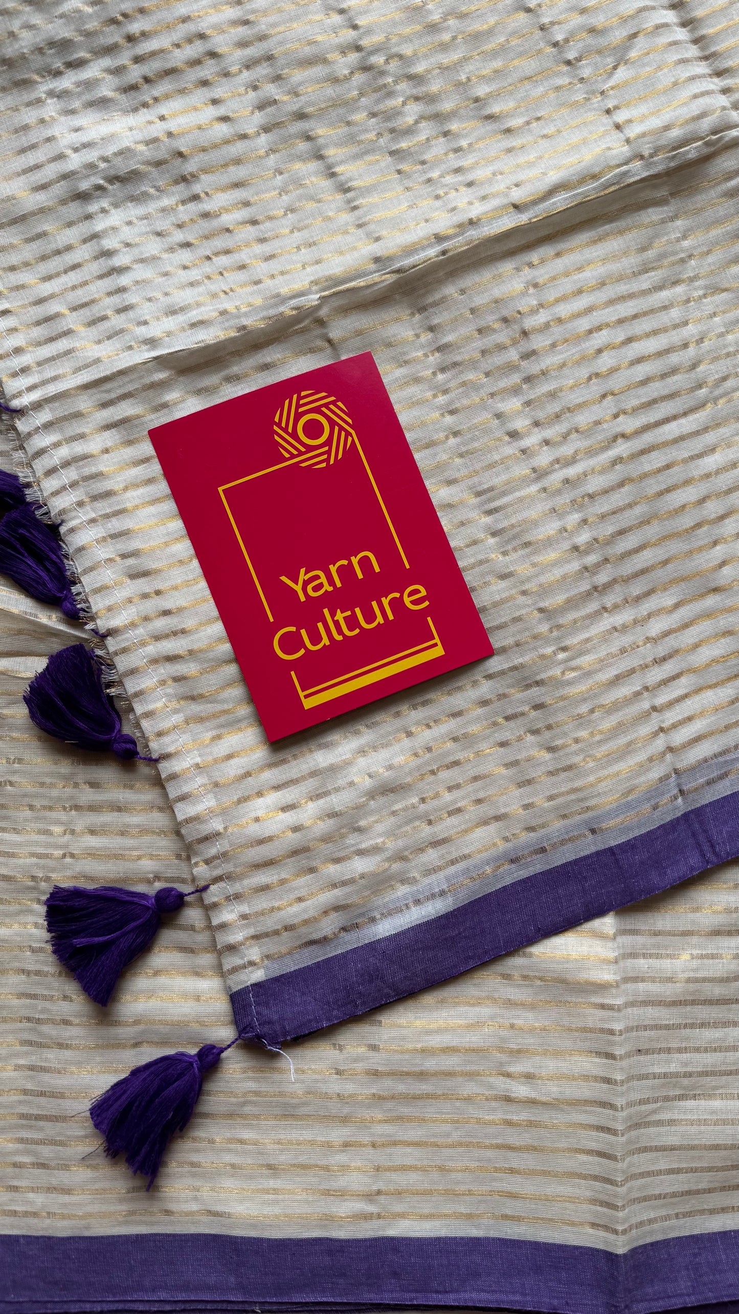 Ivory mul saree, gold stripes, purple border - YCIEON21