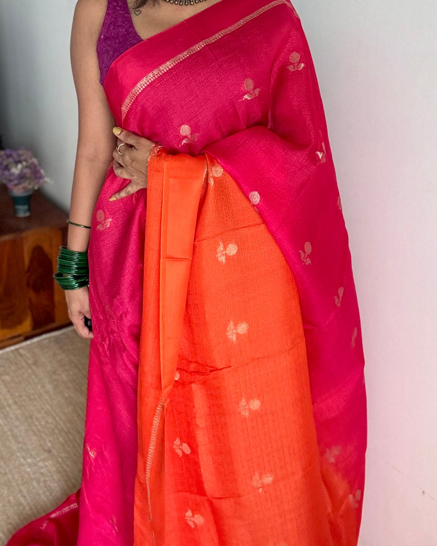 Magenta orange dual tone in viscose soft silk with satin border, jacquard zari motifs - YCDOSFE193