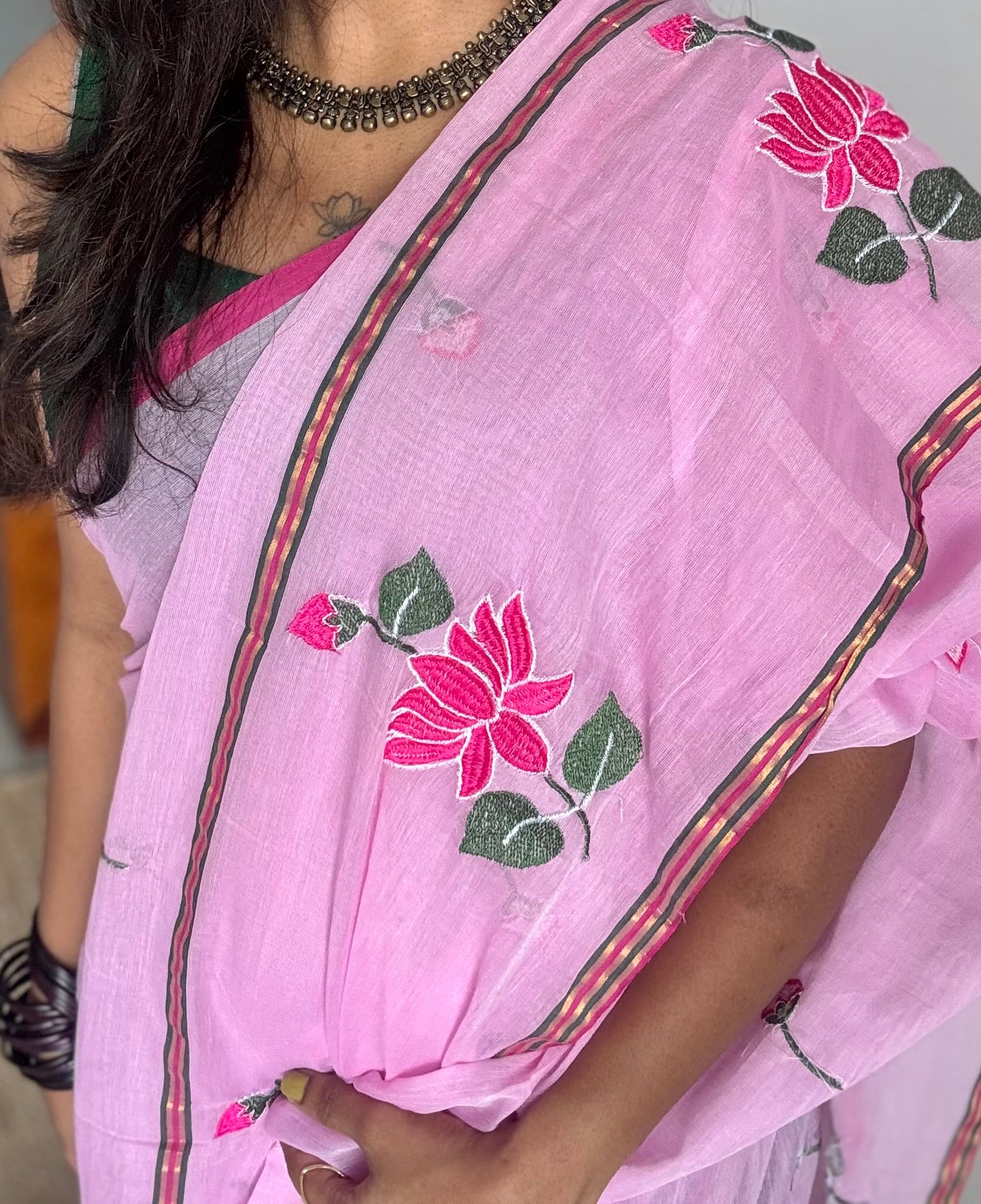 Pink mul with pink lotus embroidery and coloured zari - YCBCMCNO64