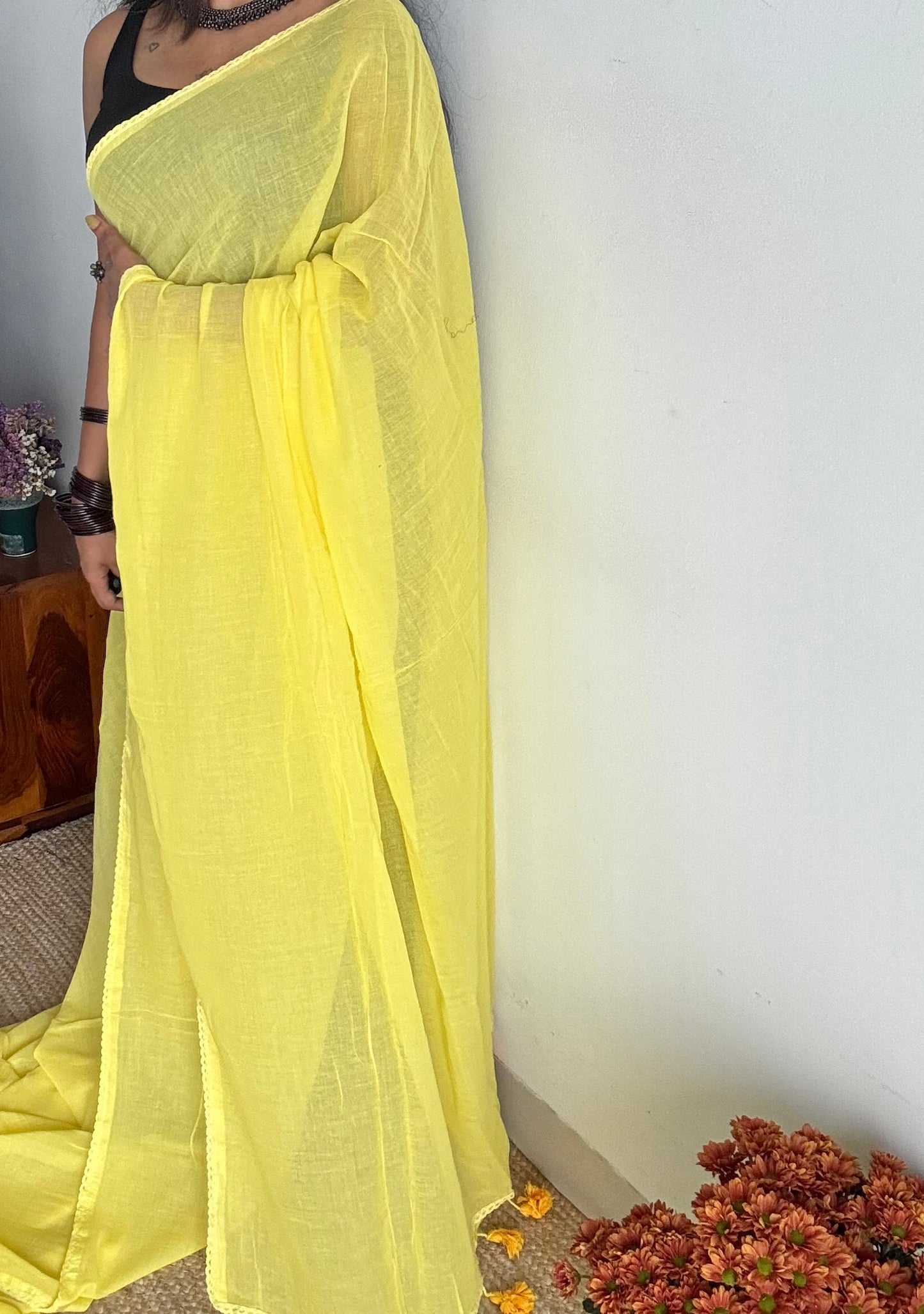 Yellow plain mul saree with lace border - YCBCMCFE402