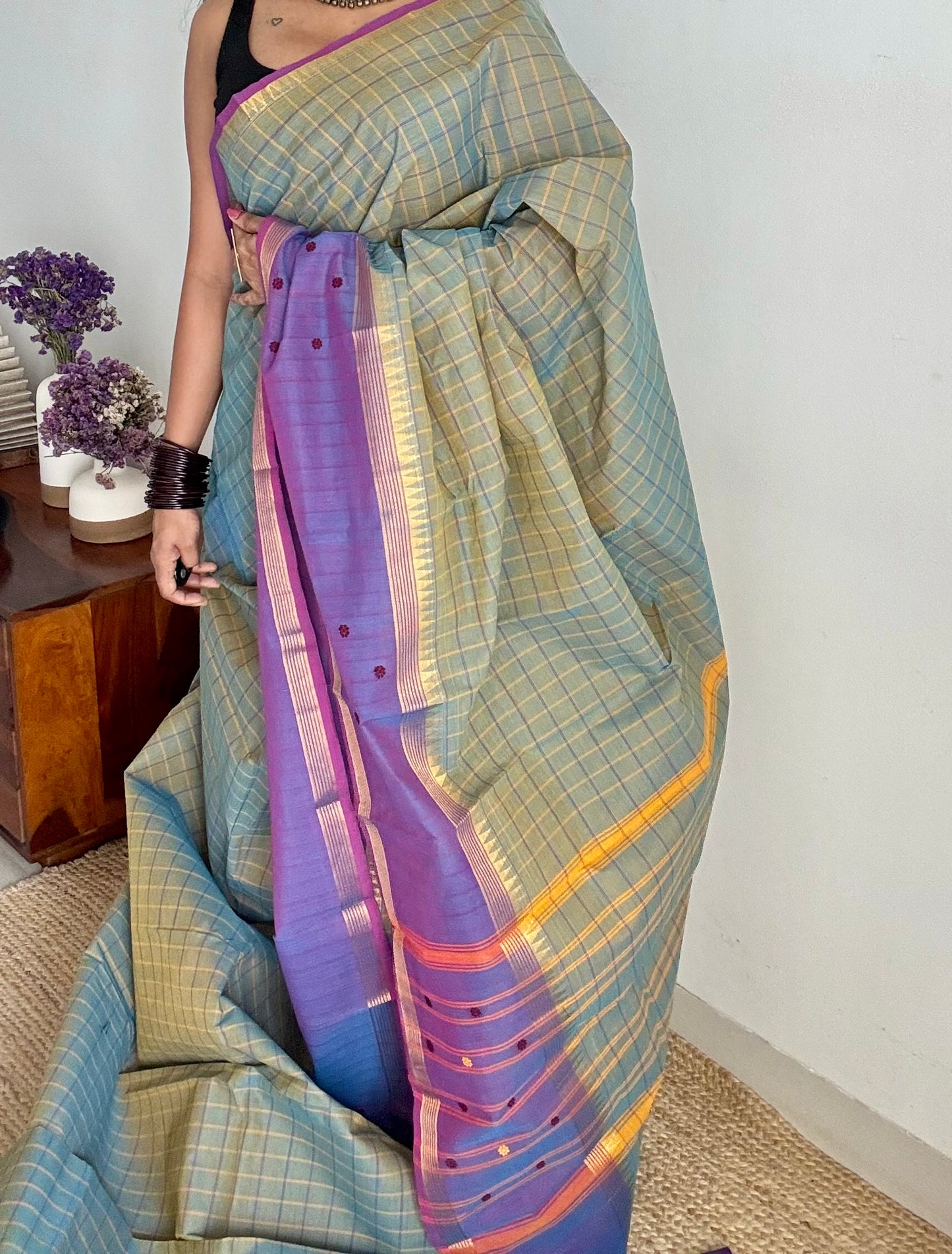 Grey and purple contrast, checkered Chettinad cotton saree - YCCOTNMA270