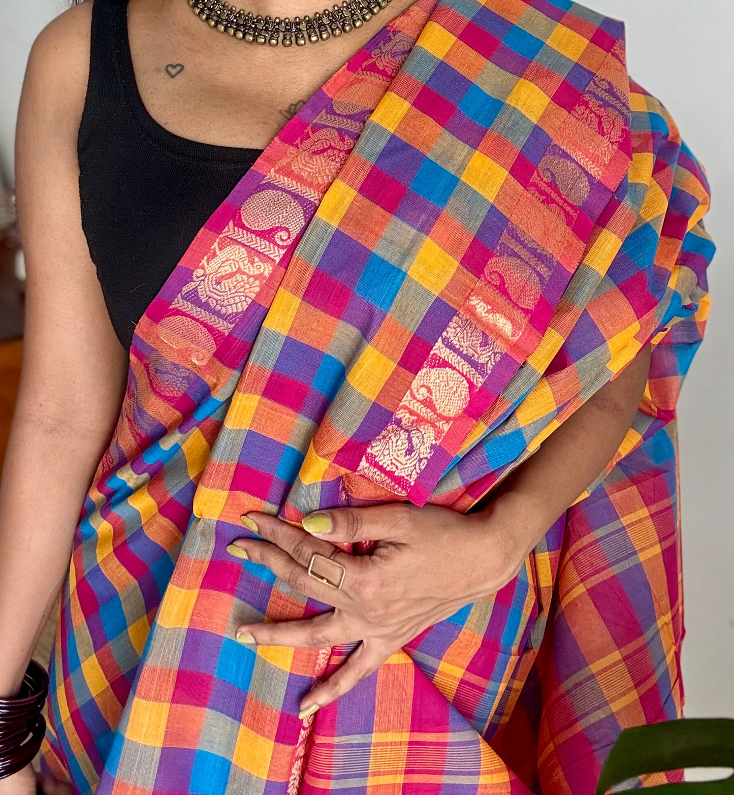 Multicolour Chettinad cotton saree with Paalum Pazhamum checks (pink, blue, orange, yellow)- YCCOTNJUCC01