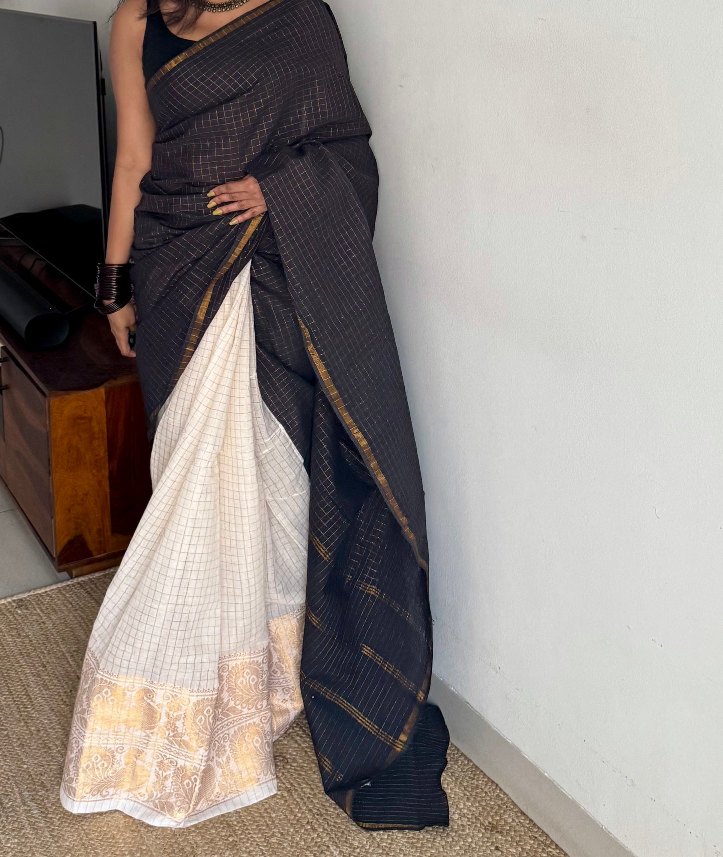 Black with ivory, sungudi cotton half-half saree - YCCOTNMSFE347