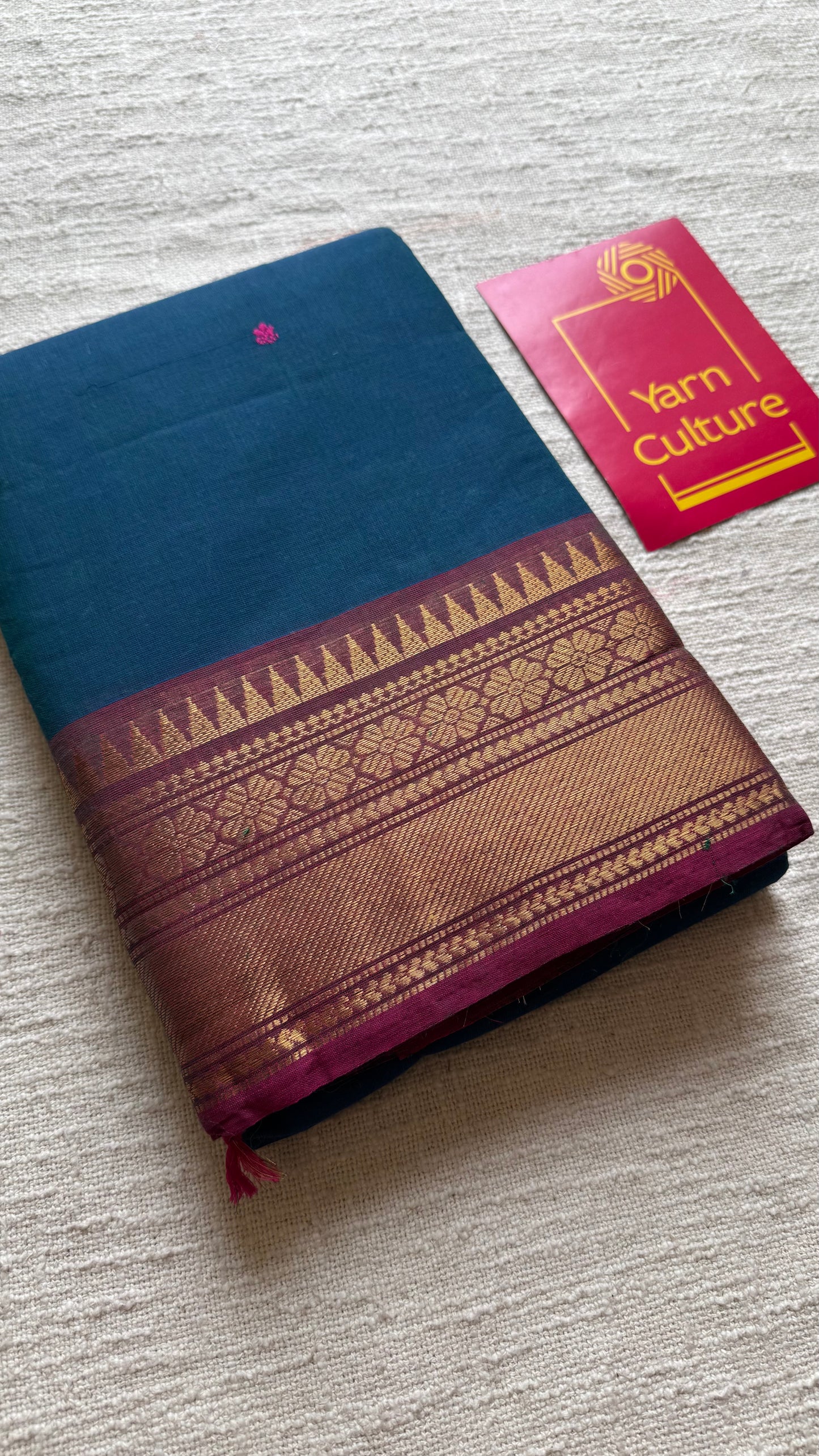 Kanchi cotton saree, peacock blue with dark pink border - YCCOTNAP86