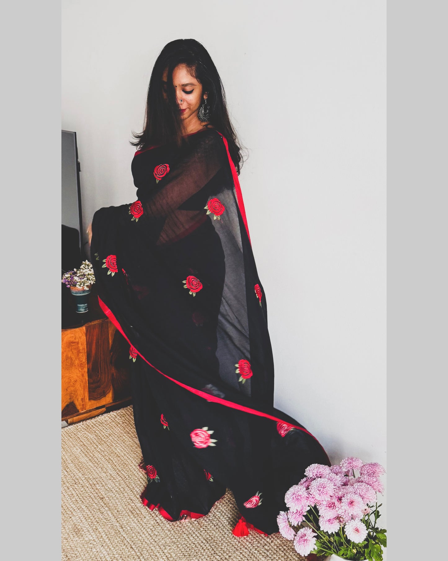 Black mul with red rose thread embroidery - YCBCMCNO69