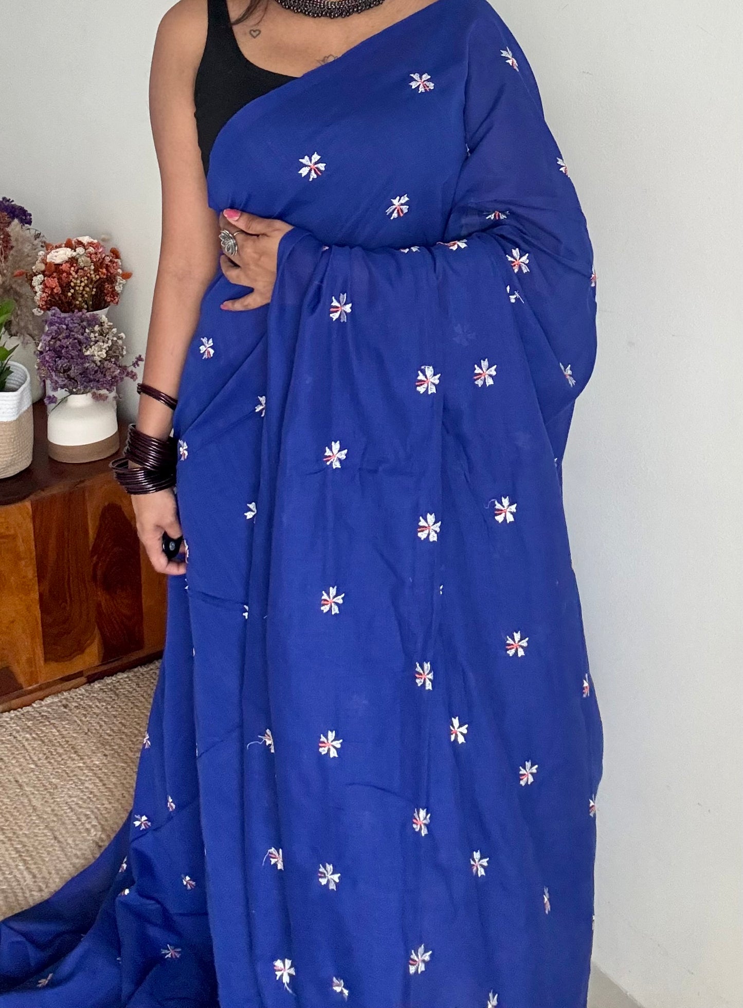 Royal blue parijat soft cotton saree  - YCBCKCAP40